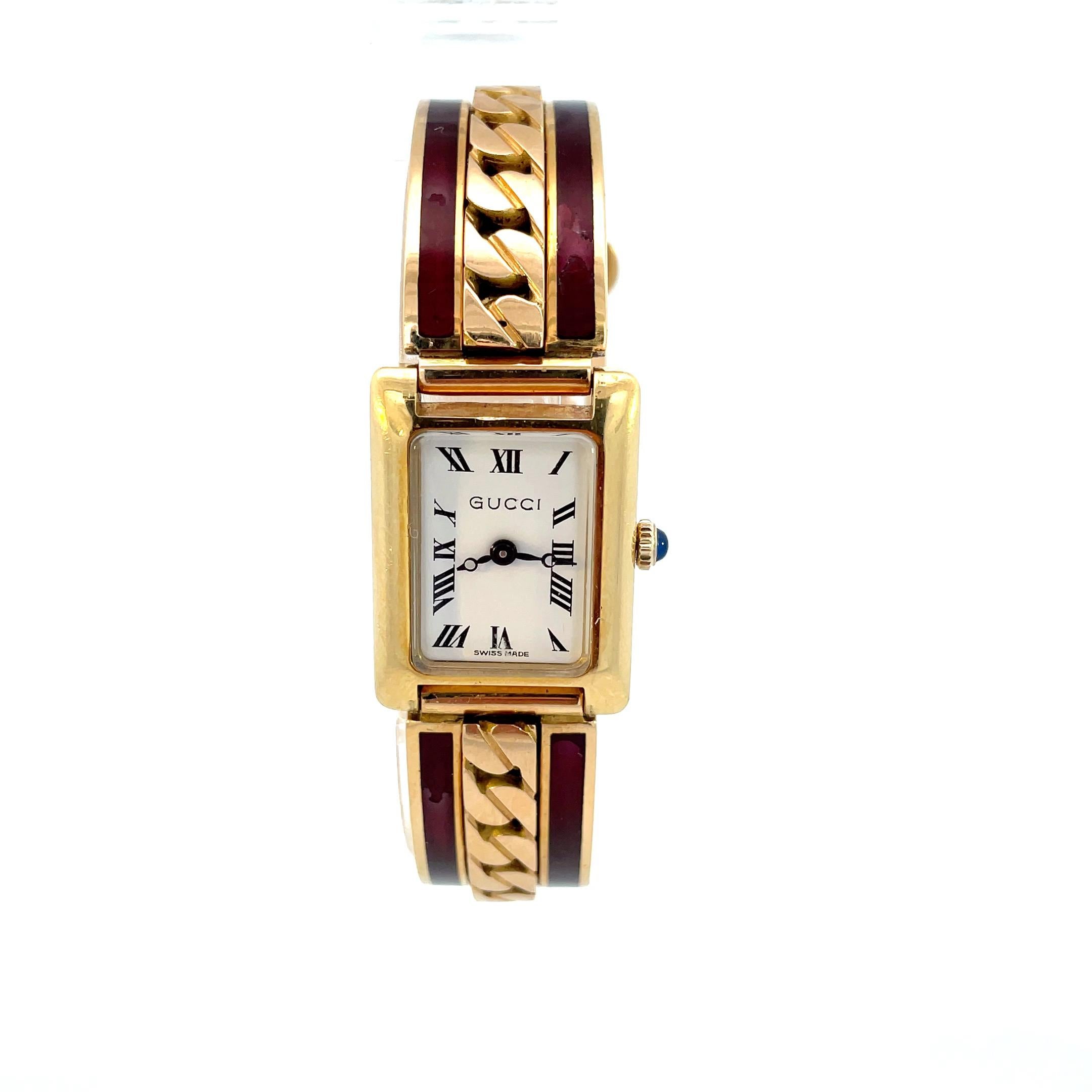 Women's or Men's Gucci 1970s Rare Vintage Buckle Bracelet Watch 18kt Yellow Gold and Enamel