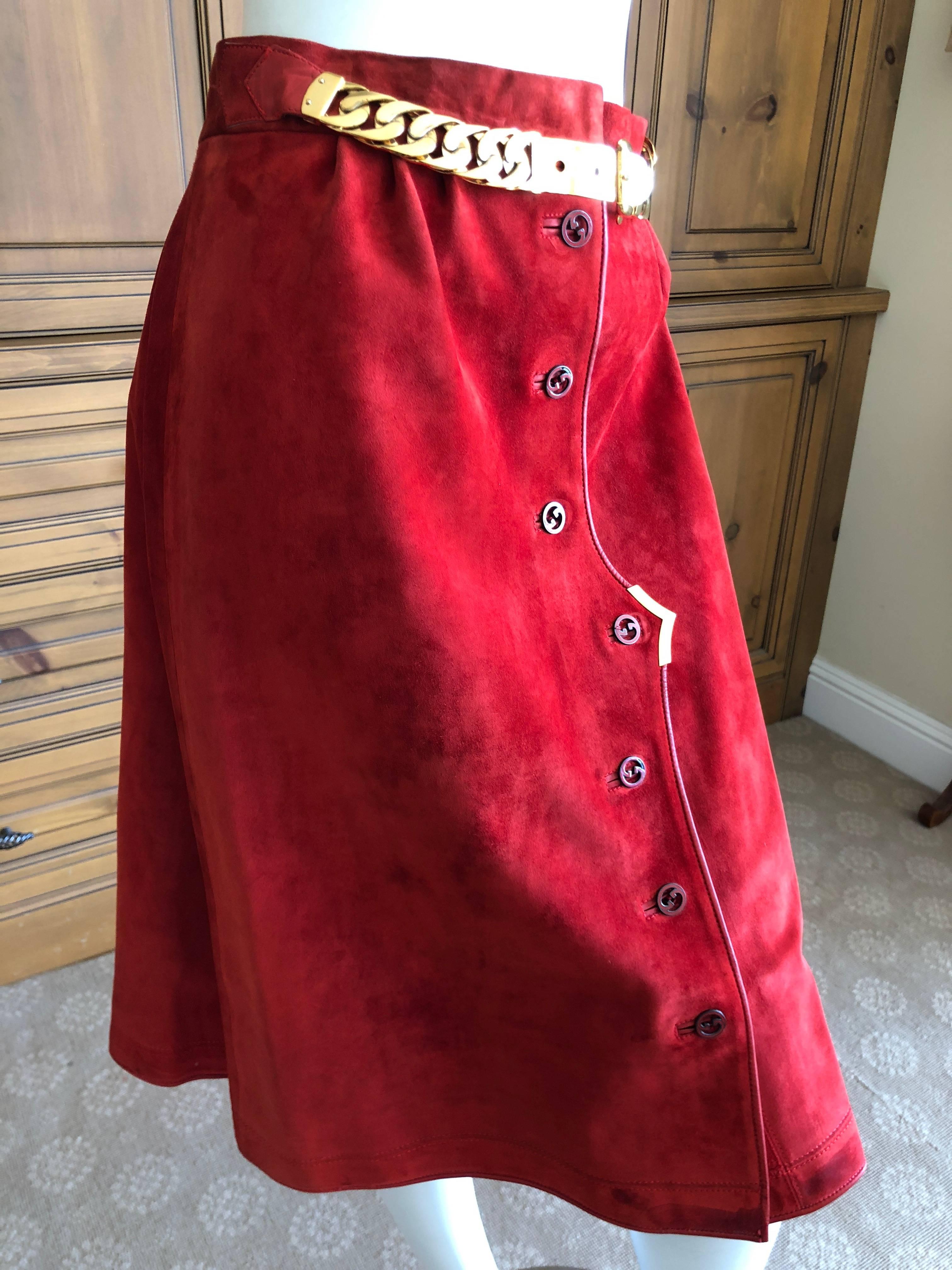 Women's  Gucci 1970's Red Leather Trim Suede Skirt with Chain Details and Big GG Buttons For Sale