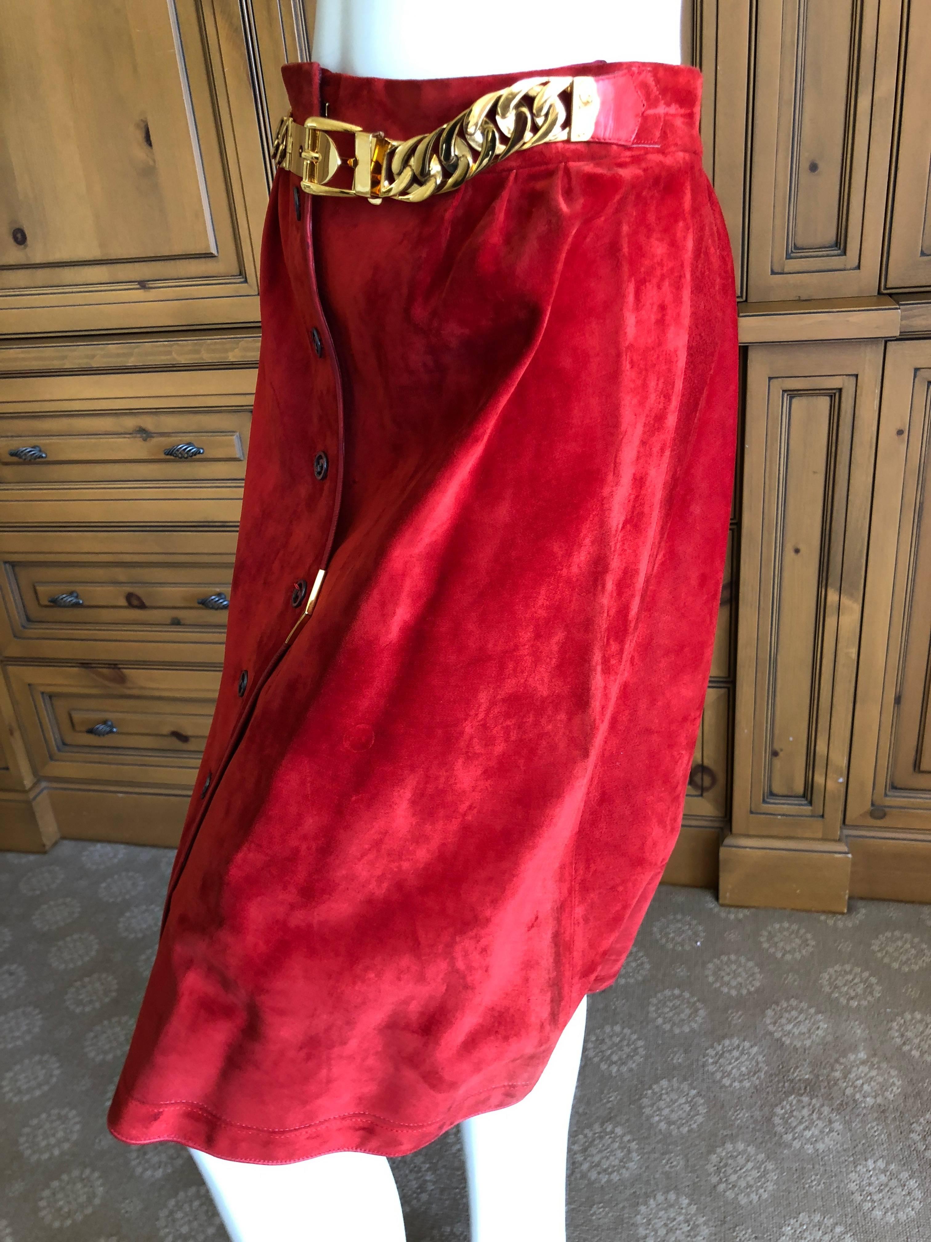  Gucci 1970's Red Leather Trim Suede Skirt with Chain Details and Big GG Buttons For Sale 1