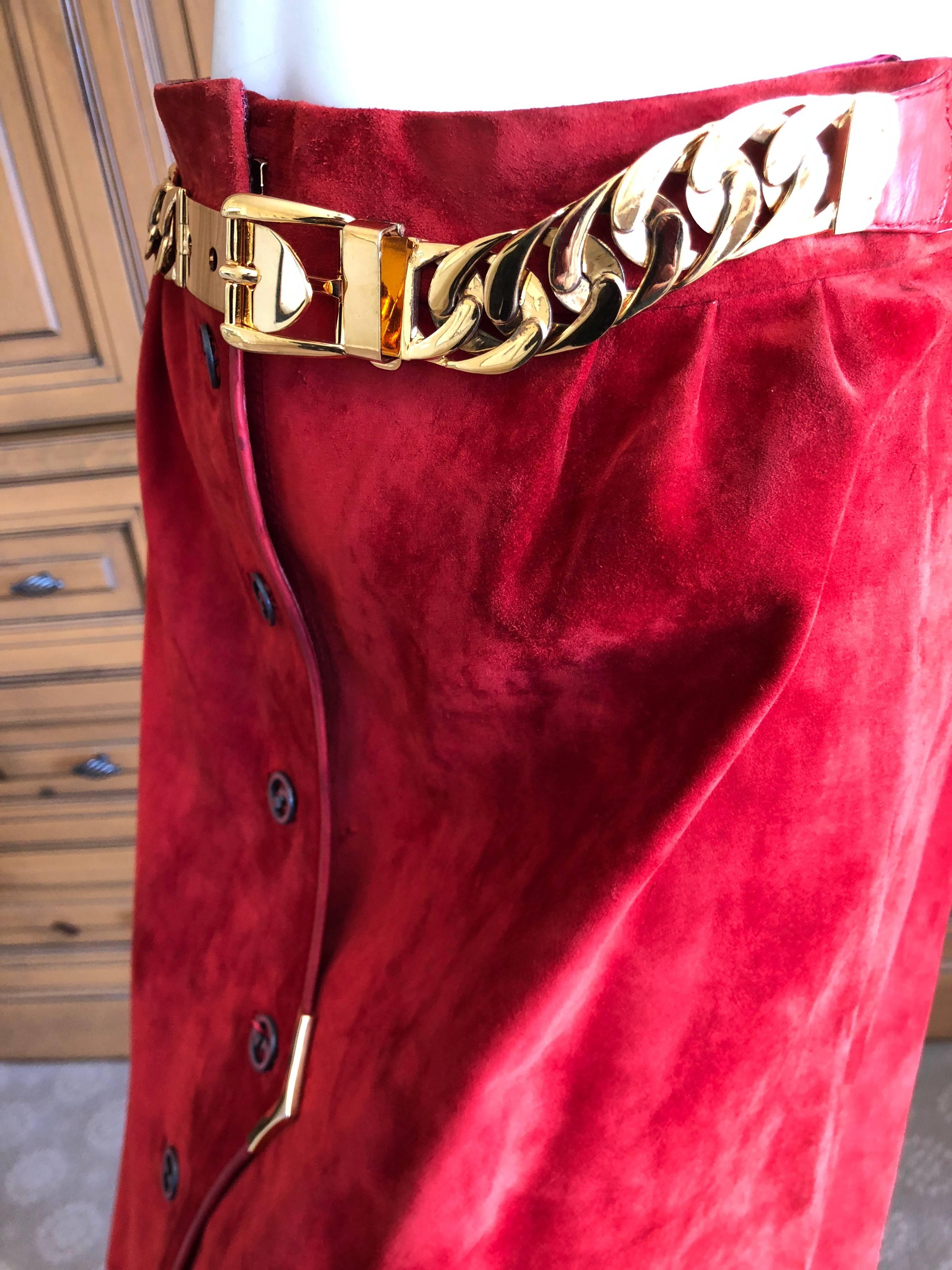  Gucci 1970's Red Leather Trim Suede Skirt with Chain Details and Big GG Buttons For Sale 2