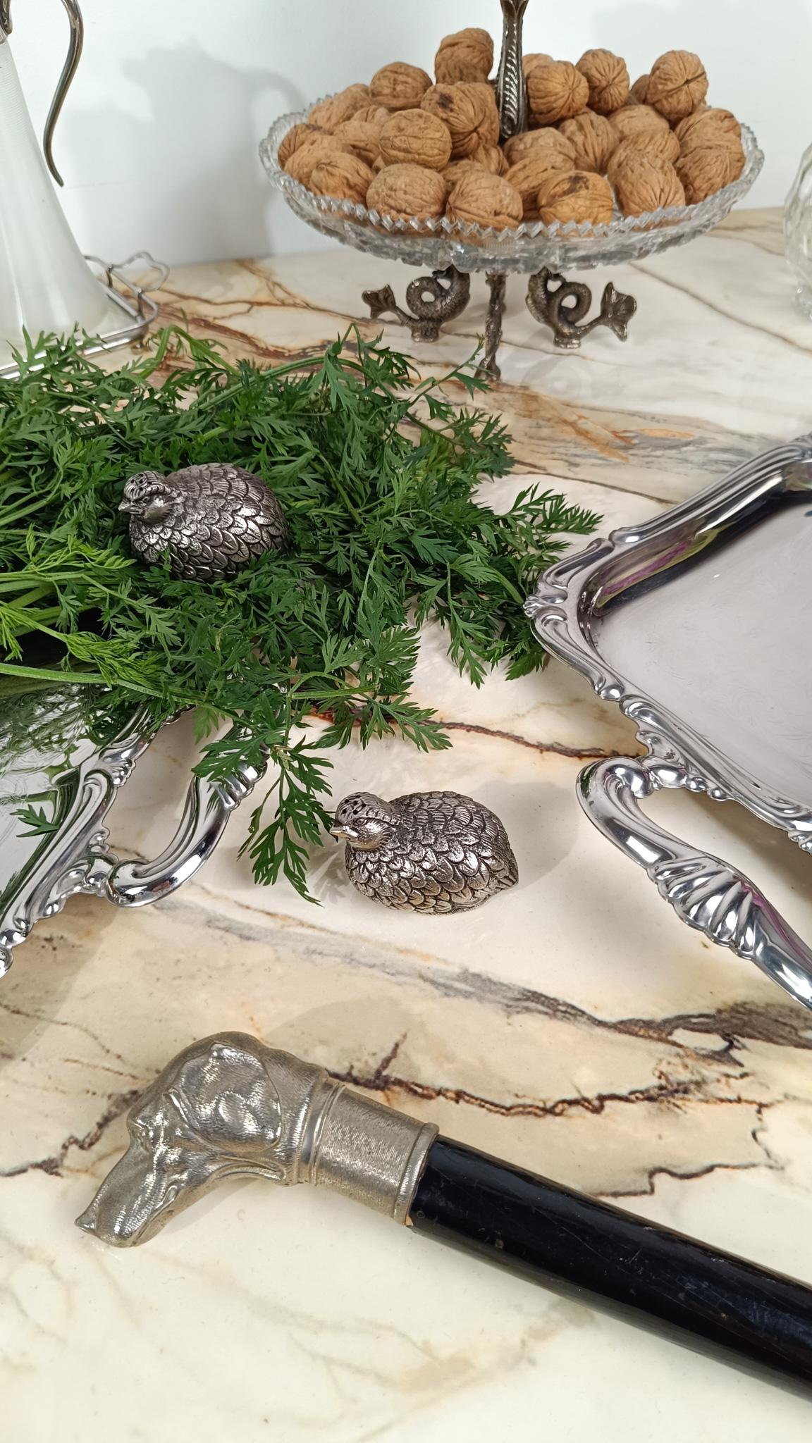 Italiano Shakers sale e pepe Gucci anni '70 / Figurine di quaglie placcate in argento in vendita