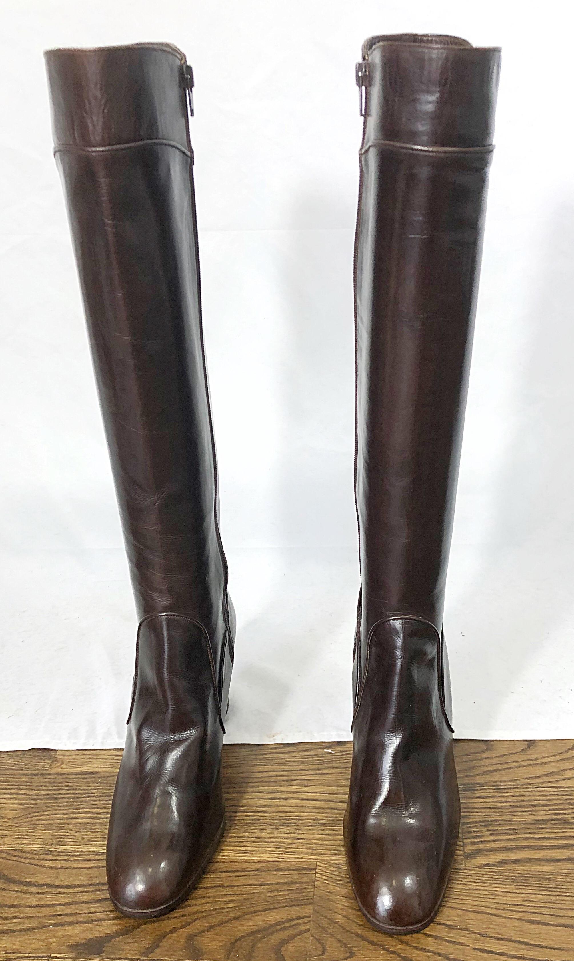 Gucci 1970s Size 8.5 Chocolate Brown Leather Knee High Heel Vintage 70s Boots  In Good Condition In San Diego, CA