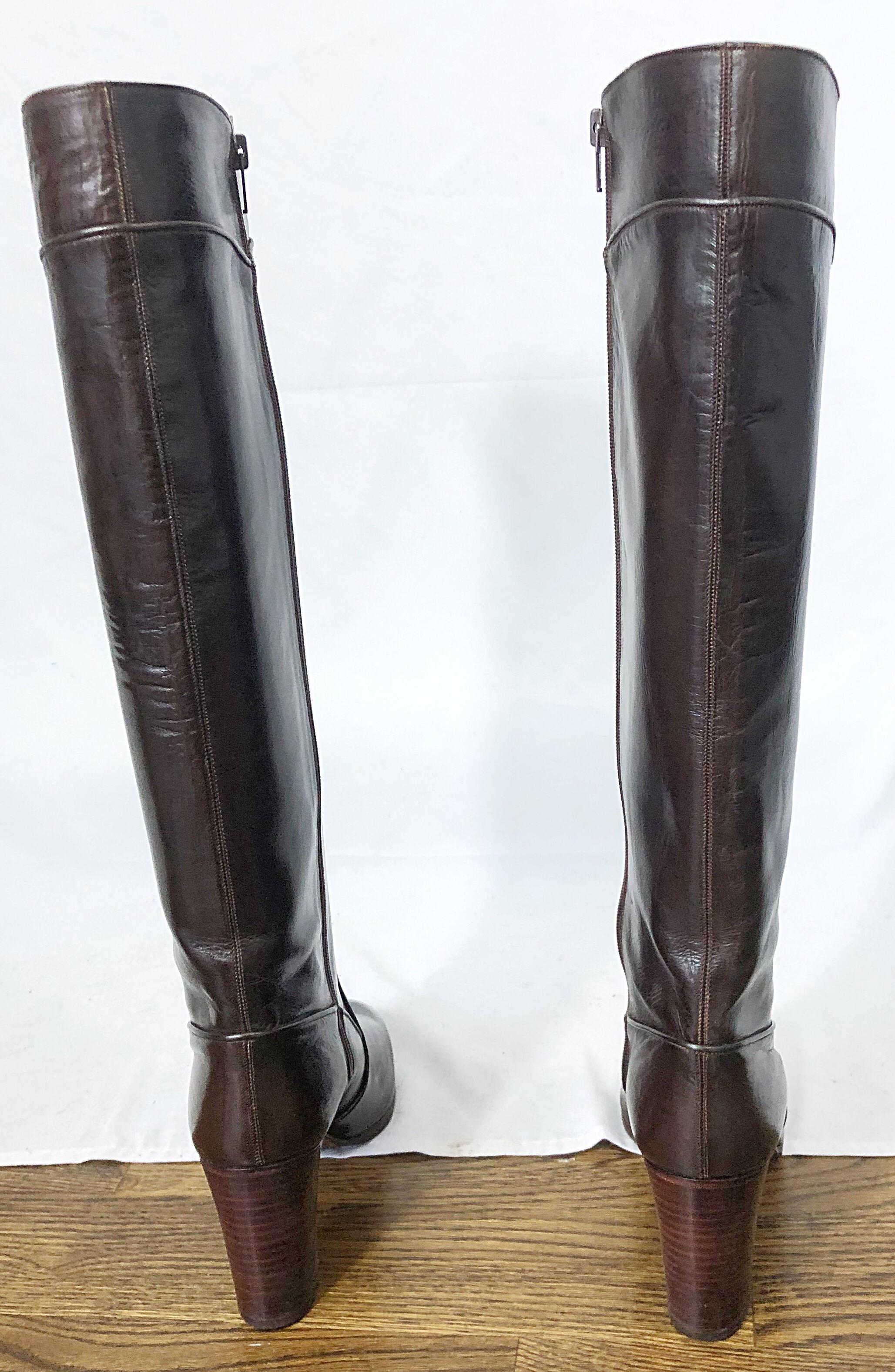 Women's Gucci 1970s Size 8.5 Chocolate Brown Leather Knee High Heel Vintage 70s Boots 