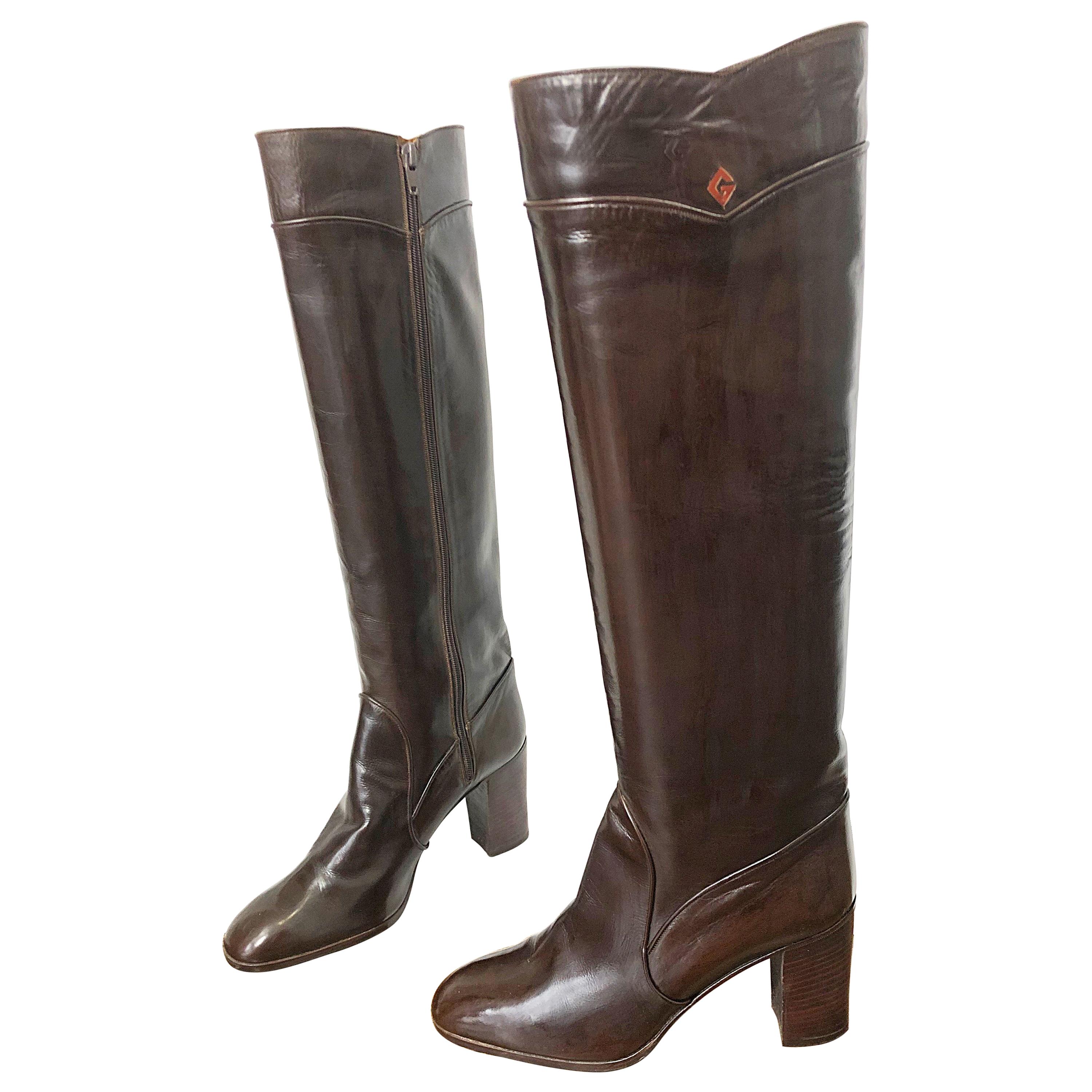 Gucci 1970s Size 8.5 Chocolate Brown Leather Knee High Heel Vintage 70s Boots 