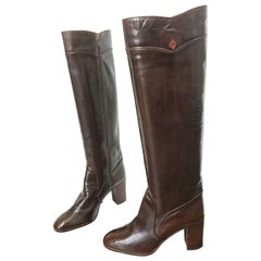 Gucci 1970s Size 8.5 Chocolate Brown Leather Knee High Heel Vintage 70s Boots