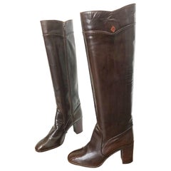 Gucci 1970s Size 8.5 Chocolate Brown Leather Knee High Heel Retro 70s Boots 