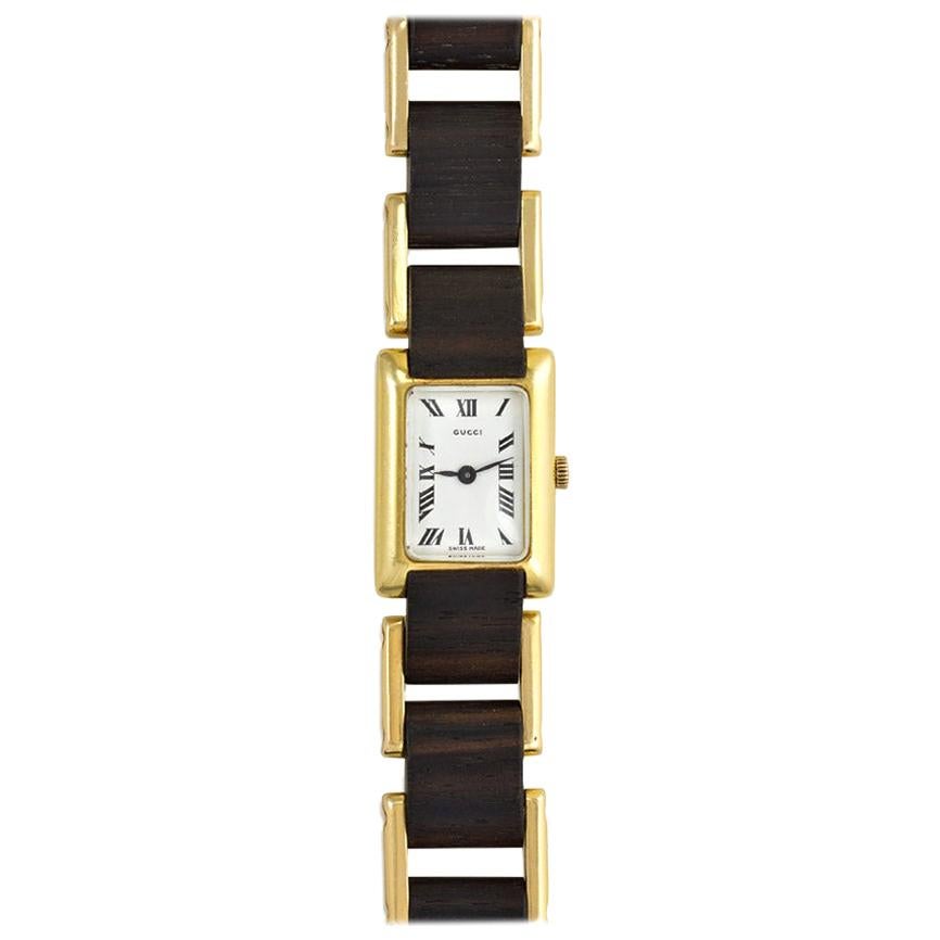 Gucci 1970s Wood and Gold Tank-Style Wristwatch