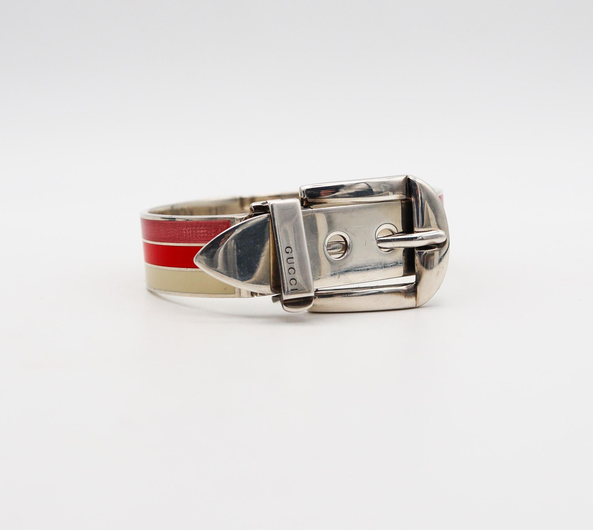 Modernist Gucci 1980 Buckle Bracelet In .925 Sterling Silver With Pink And White Enamel For Sale