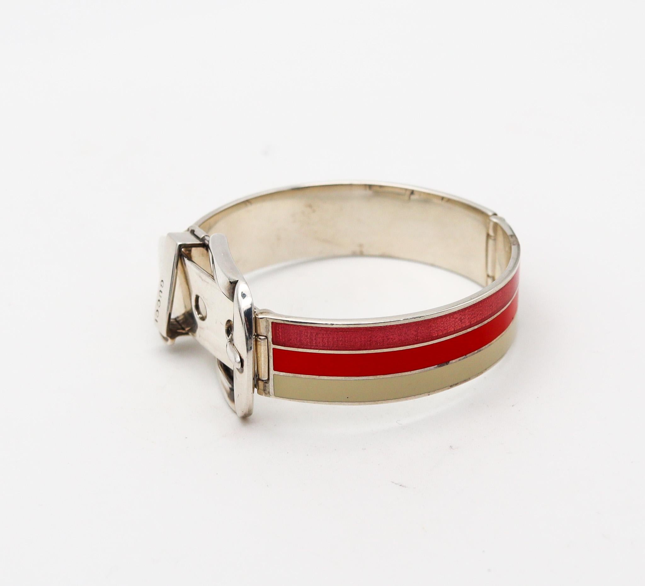 Women's or Men's Gucci 1980 Buckle Bracelet In .925 Sterling Silver With Pink And White Enamel For Sale