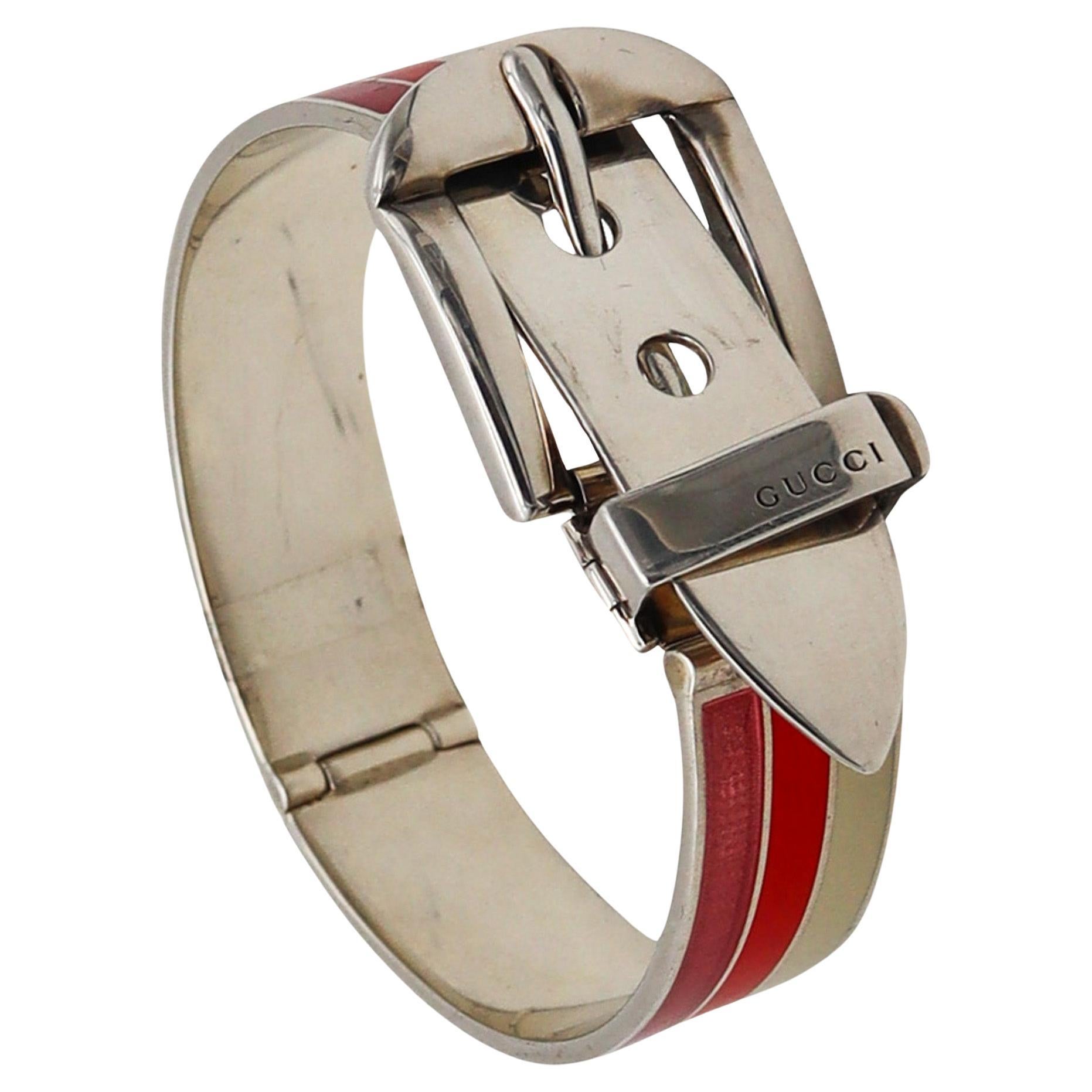 Gucci 1980 Schnallenarmband aus .925 Sterlingsilber mit rosa und weißer Emaille im Angebot