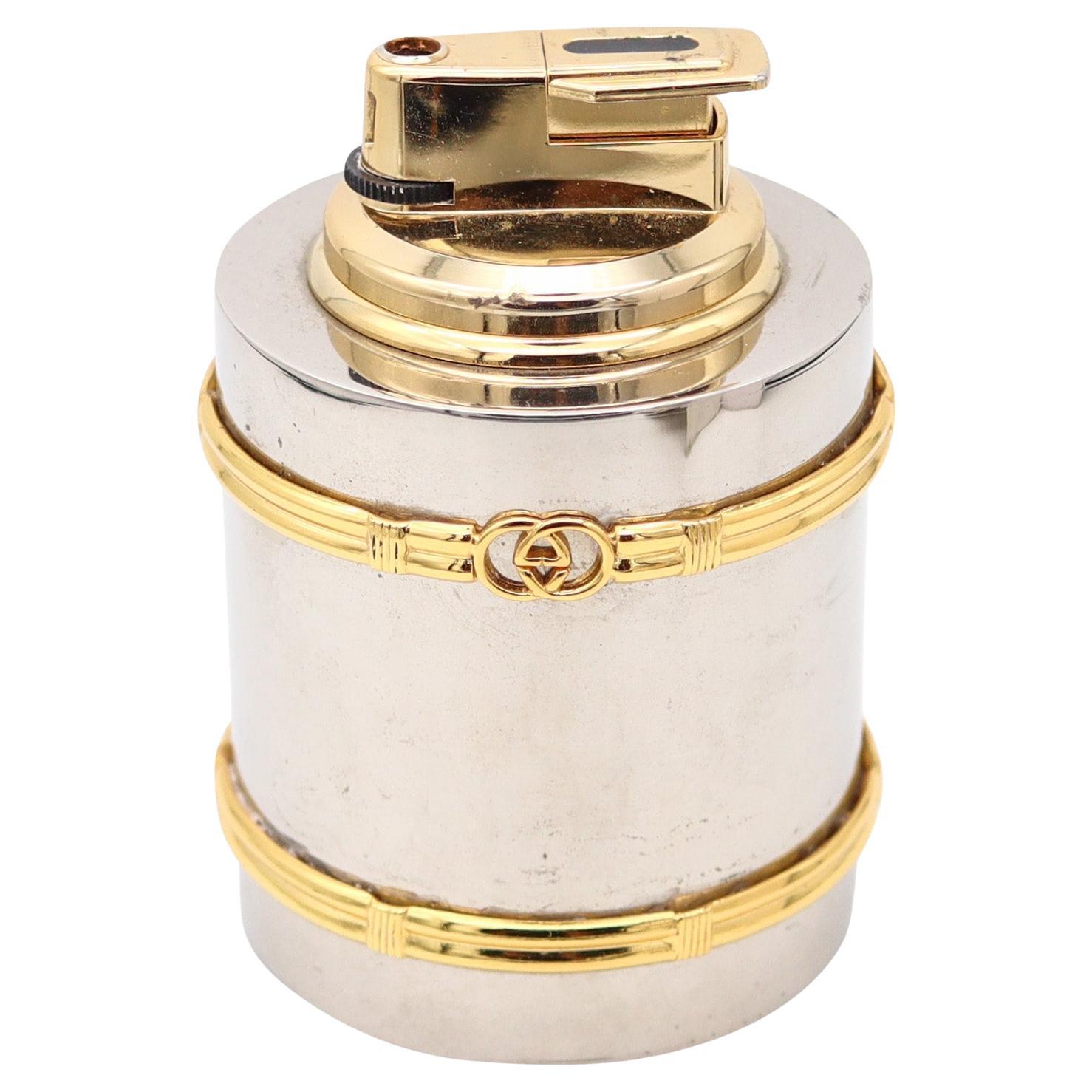 GUCCI 1980 Milano Desk Butane Lighter In Chromed Steel And Gold Accents