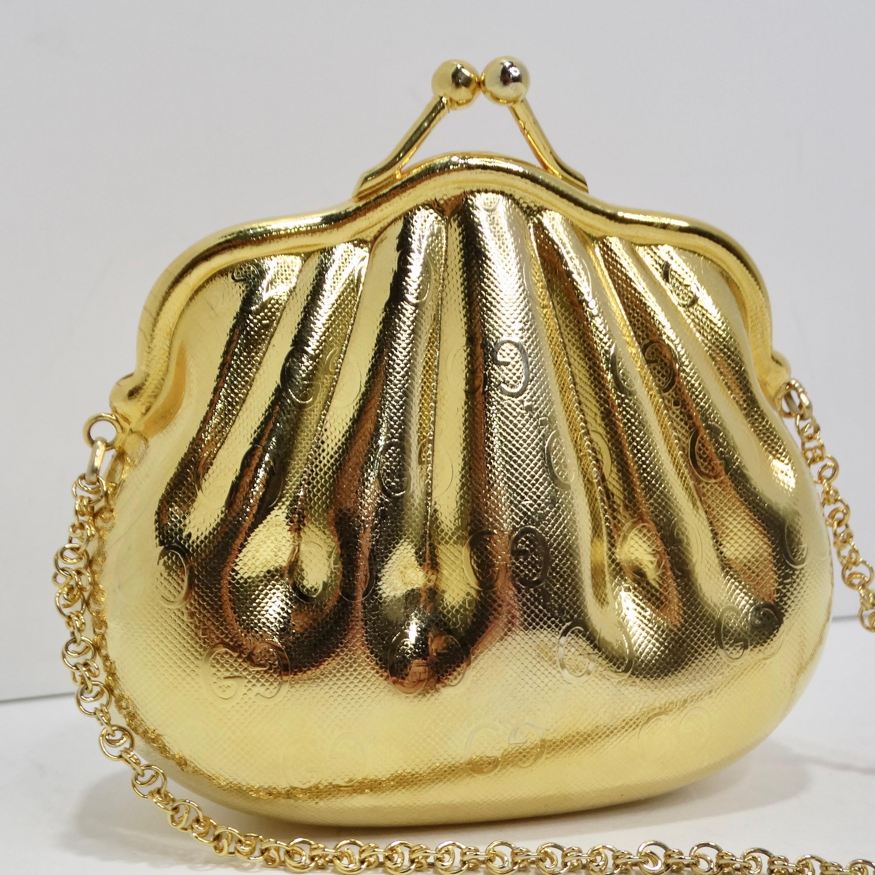Brown Gucci 1980s Gold Tone Metal Shell Minaudière Evening Bag For Sale