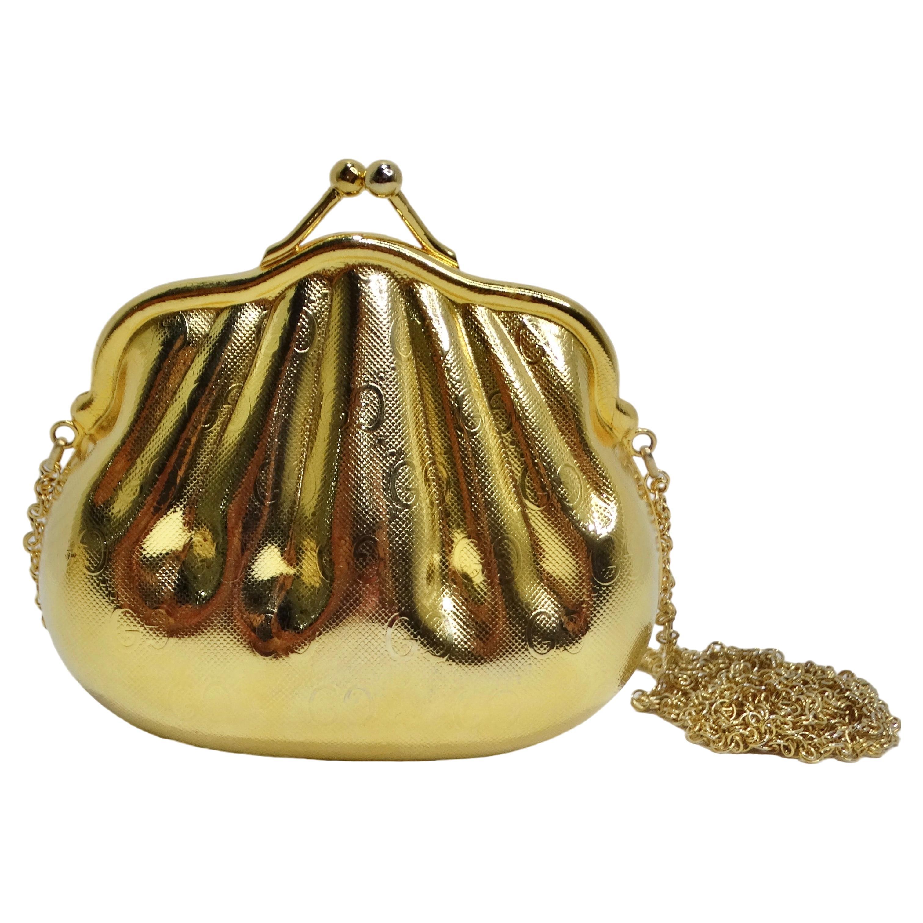 Gucci 1980s Gold Tone Metal Shell Minaudière Evening Bag For Sale
