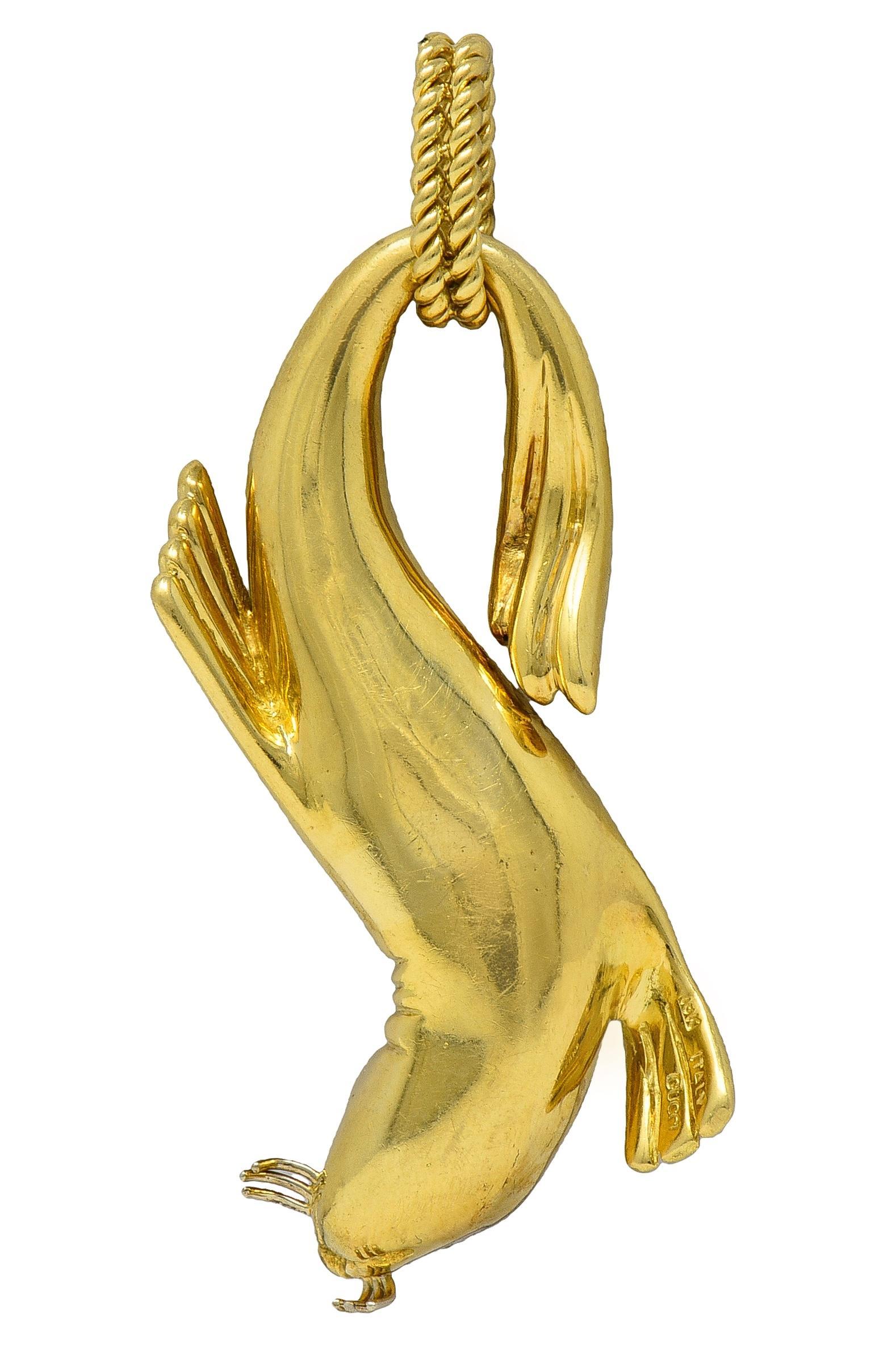 Modern Gucci 1980's Sapphire 18 Karat Two-Tone Gold Vintage Seal Animal Pendant For Sale