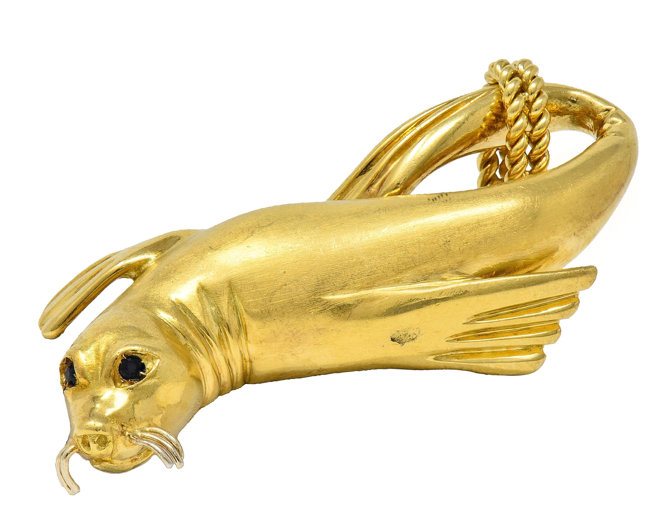 Gucci 1980's Sapphire 18 Karat Two-Tone Gold Vintage Seal Animal Pendant In Excellent Condition For Sale In Philadelphia, PA