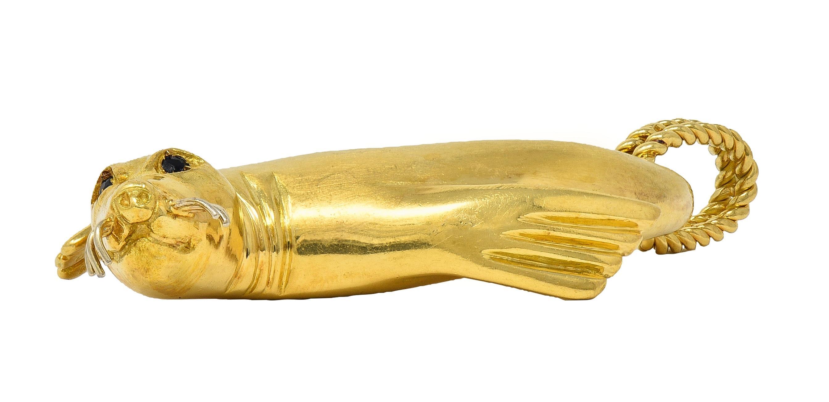 Gucci 1980's Sapphire 18 Karat Two-Tone Gold Vintage Seal Animal Pendant For Sale 1