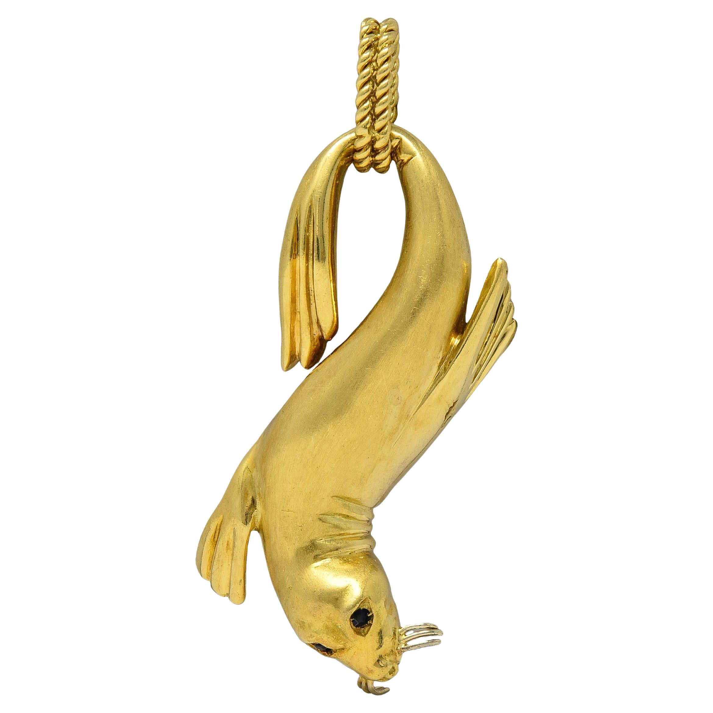 Gucci 1980
s Sapphire 18 Karat Two-Tone Gold Vintage Seal Animal Pendant For Sale