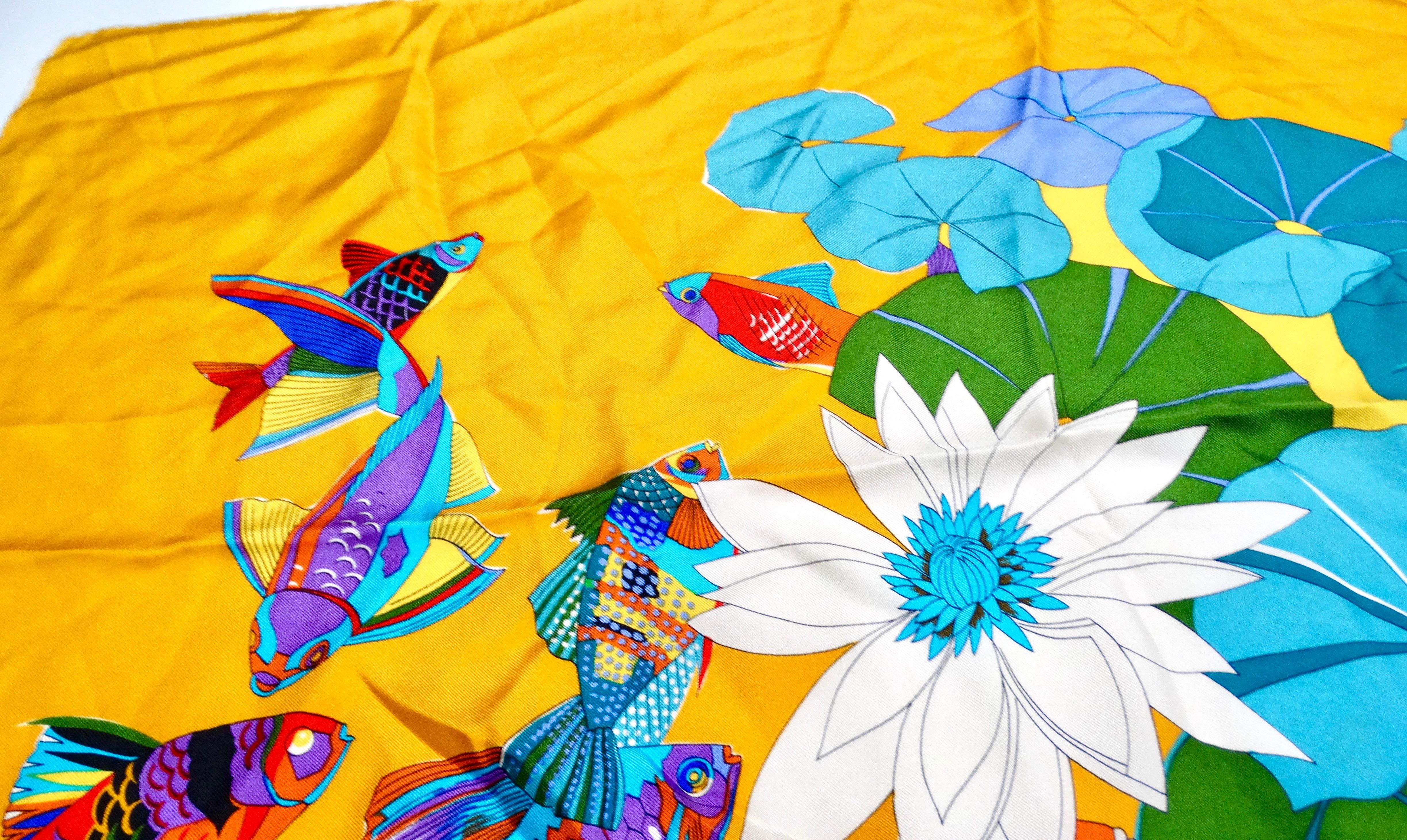 Women's or Men's Gucci 1980s Silk Yellow Floral & Fish Motif Printed Scarf For Sale