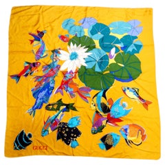 Gucci 1980s Silk Yellow Floral & Fish Motif Printed Scarf