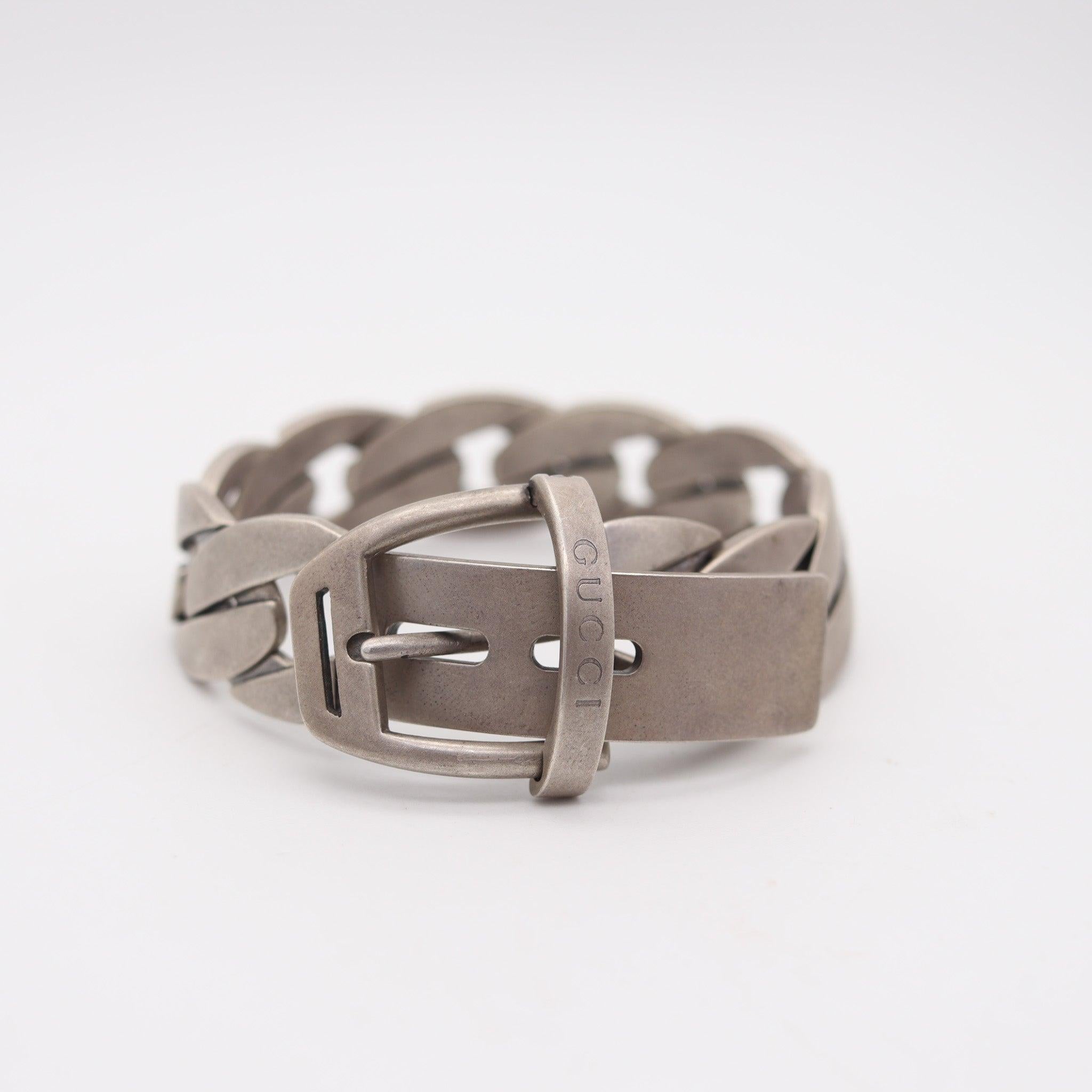 Women's or Men's GUCCI 1990 Firenze Modernist Chained Buckle Bracelet In Brushed .925 Sterling For Sale