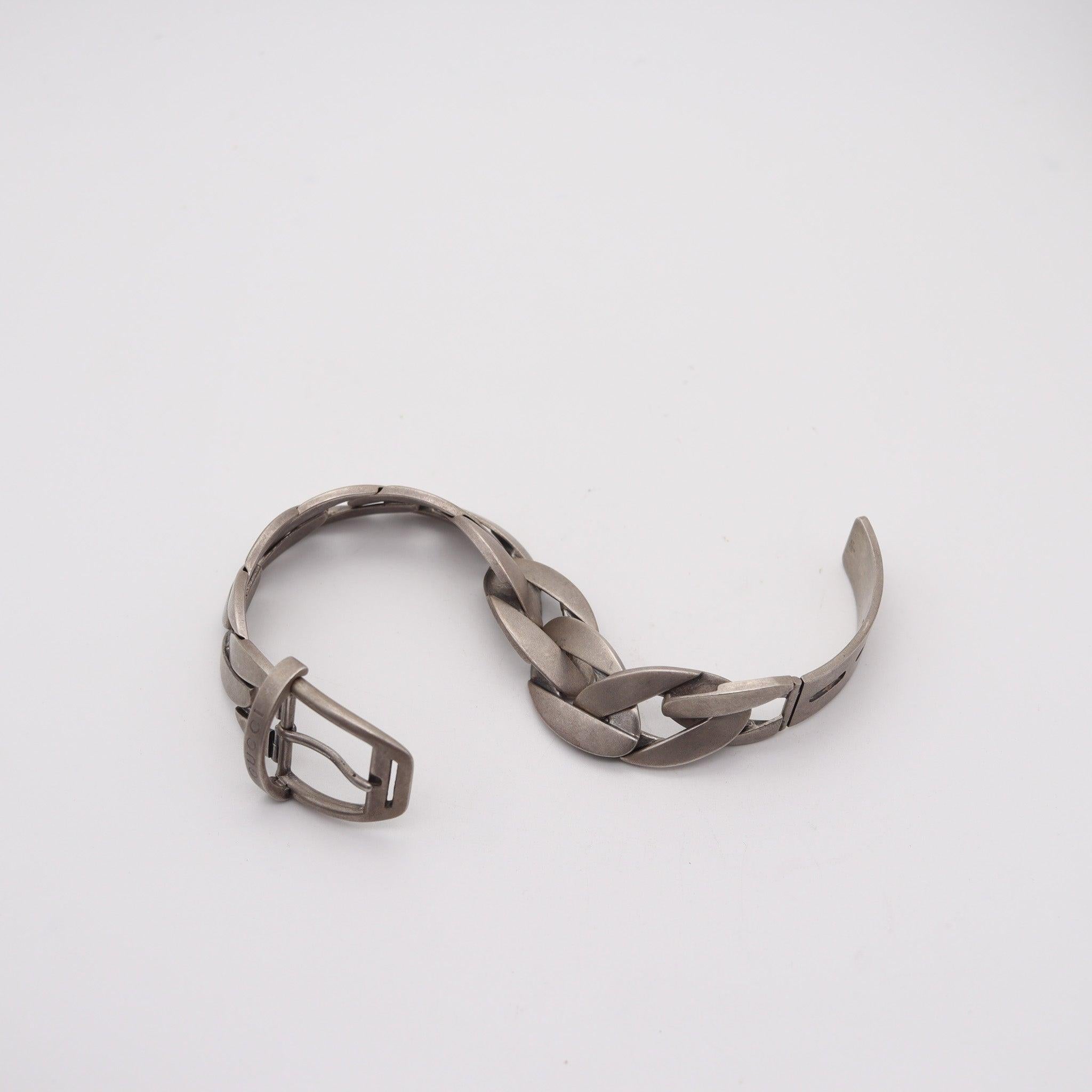 GUCCI 1990 Firenze Modernist Chained Buckle Bracelet In Brushed .925 Sterling For Sale 2