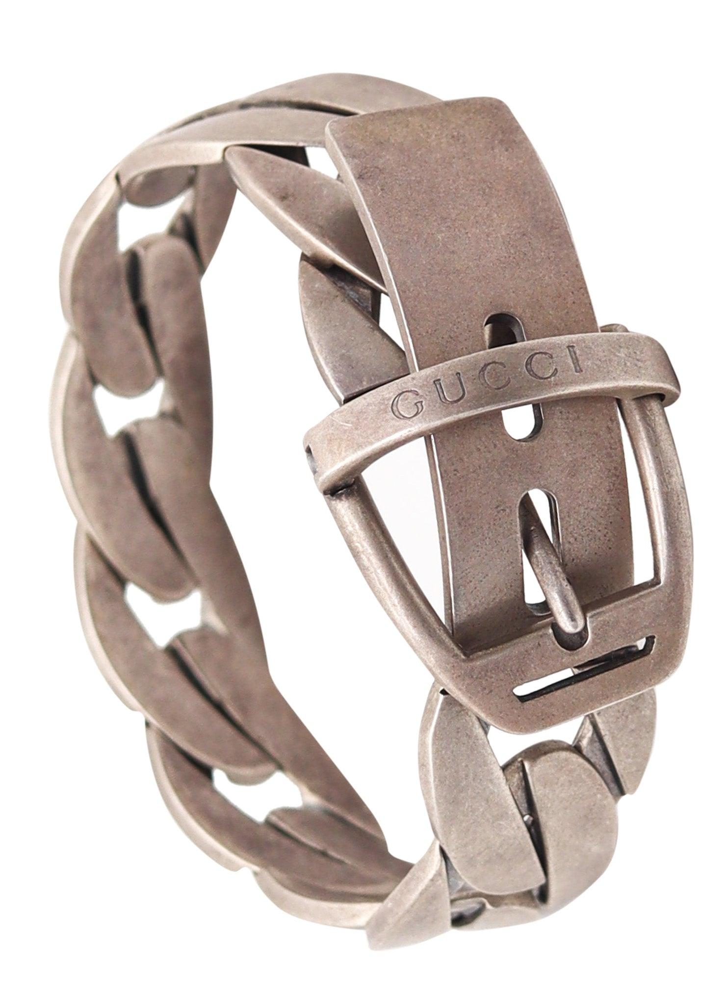 GUCCI 1990 Firenze Modernist Chained Buckle Bracelet In Brushed .925 Sterling