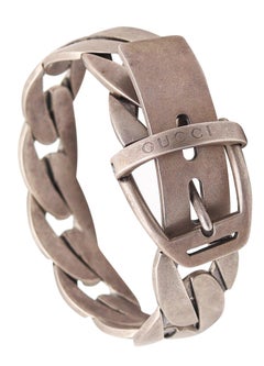 GUCCI 1990 Firenze Modernista Pulsera Hebilla Encadenada De Plata De Ley Cepillada .925