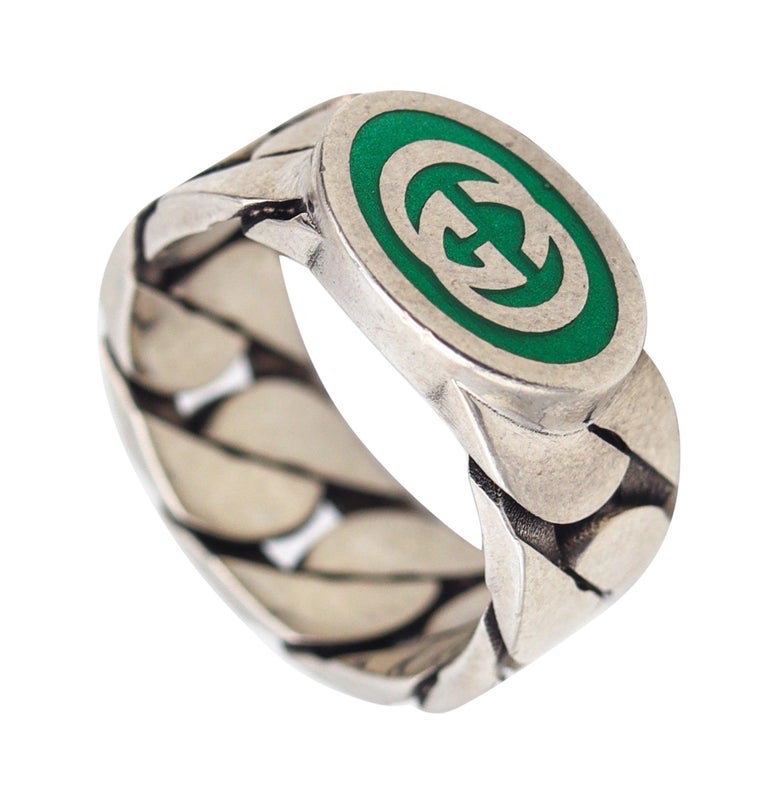 GUCCI 1990 Milan Modernist Enamel GG Logo Ring In Solid