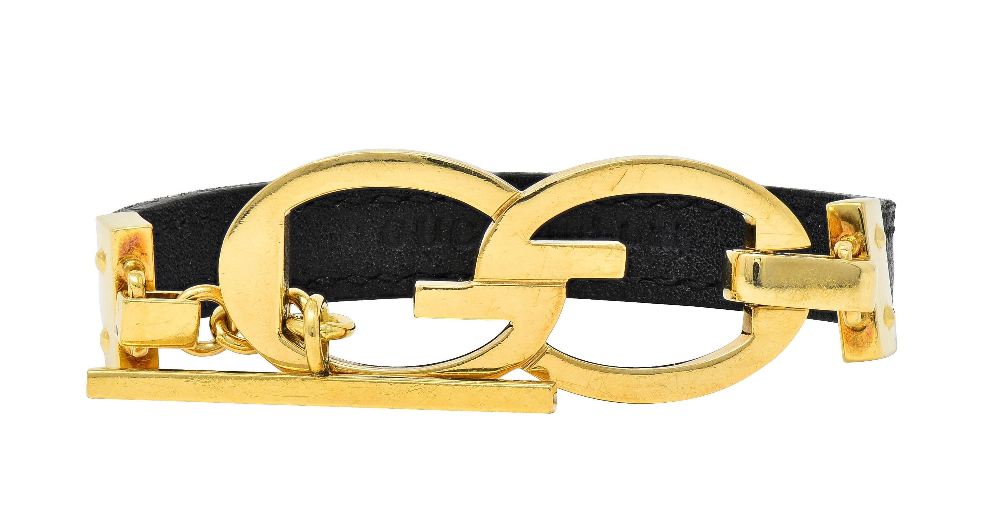 Gucci, bracelet à bascule vintage en or jaune 18 carats et cuir imbriqué G, années 1990 Excellent état - En vente à Philadelphia, PA