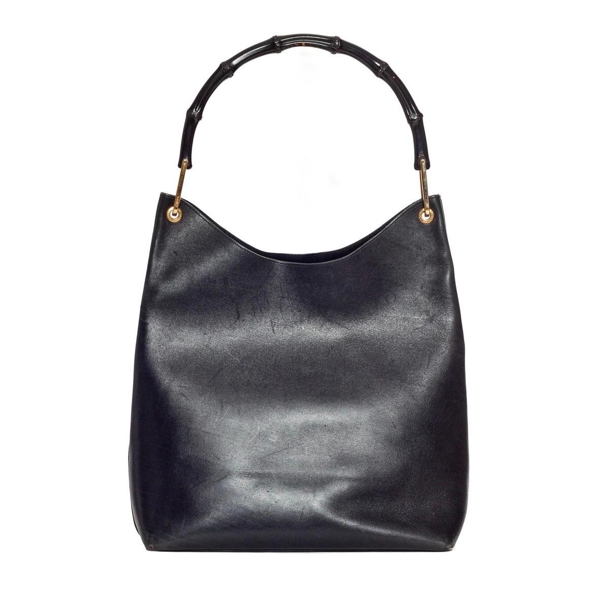 Gucci 1990s Black Leather Diana Bamboo Top Handle Hobo Bag In Good Condition In Los Angeles, CA