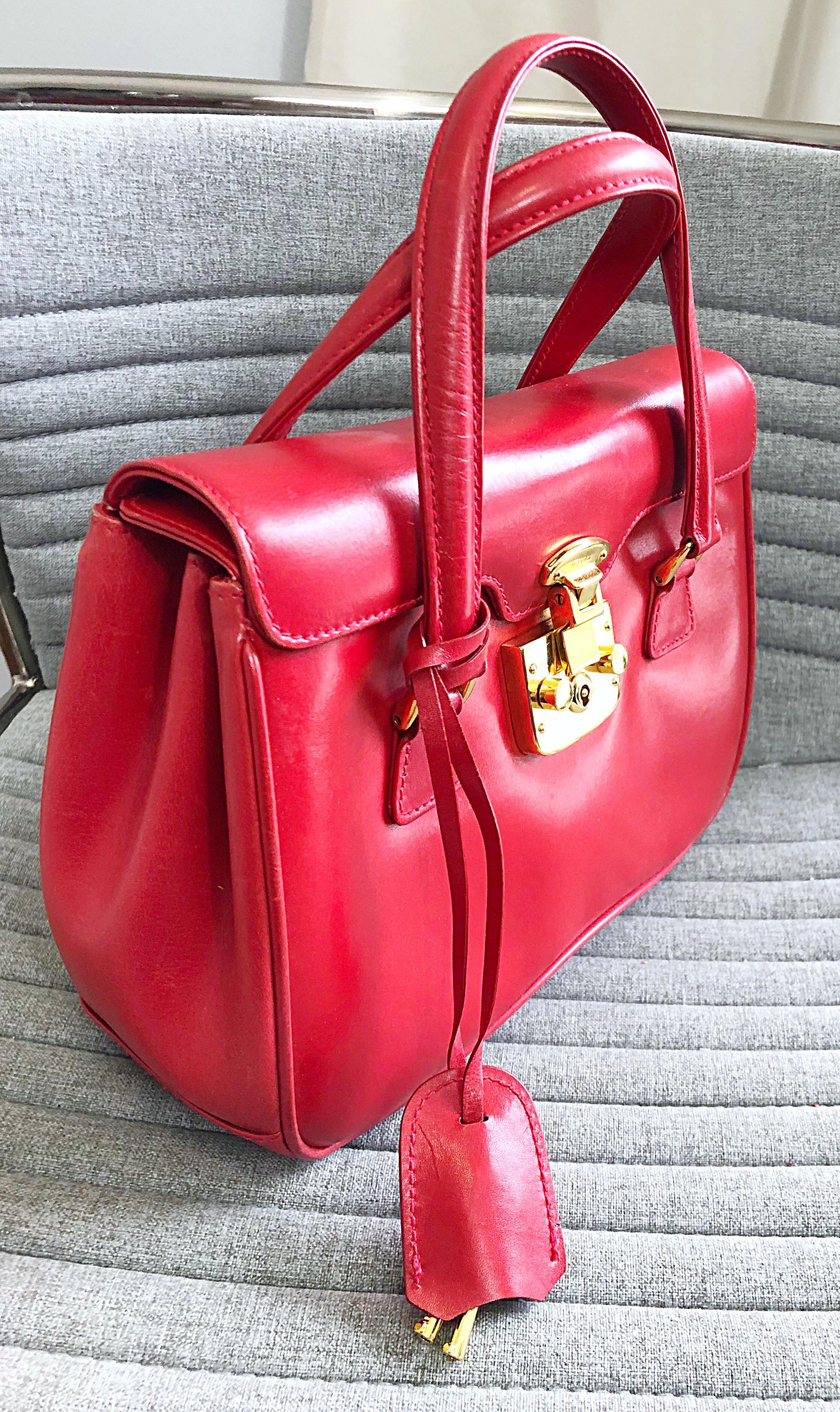 Gucci 1990s Lipstick Red Leather Vintage 90s Purse Handbag Satchel Bag 1
