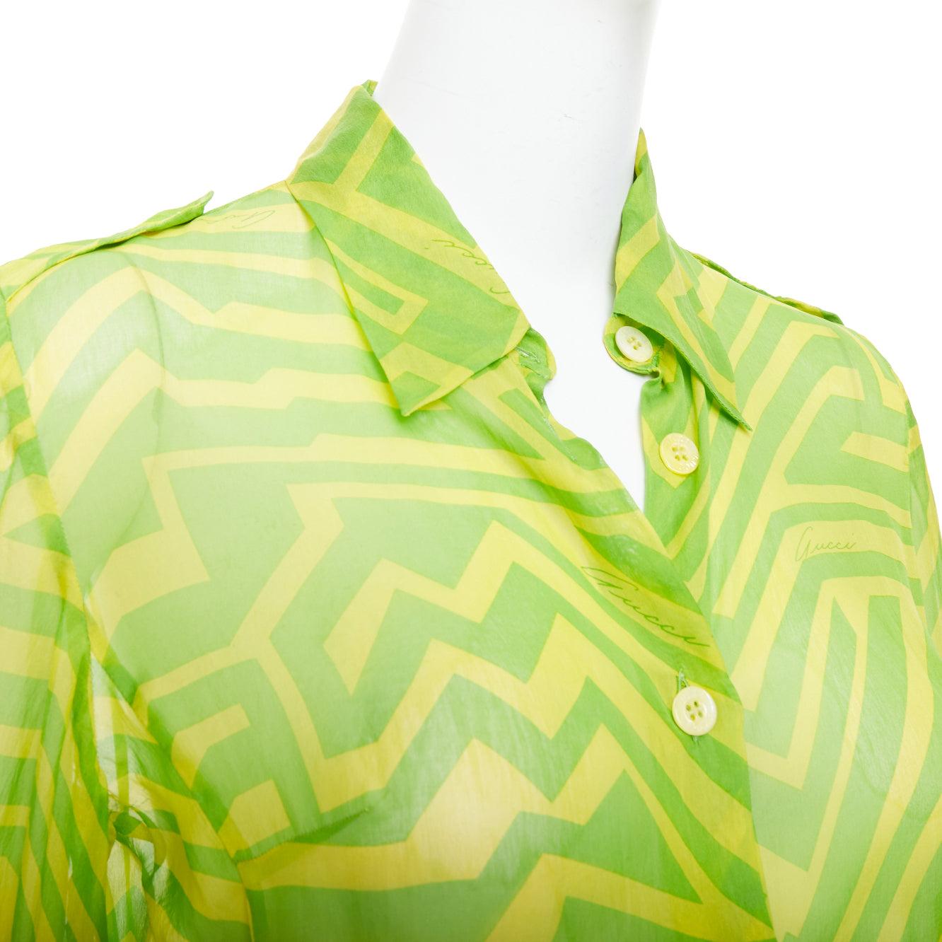 GUCCI 1996 Tom Ford Vintage green yellow geometric silky sheer shirt IT42 M
Reference: CNPG/A00084
Brand: Gucci
Designer: Tom Ford
Collection: 1996 - Runway
Material: Feels like silk
Color: Green, Yellow
Pattern: Geometric
Closure: Button
Made in: