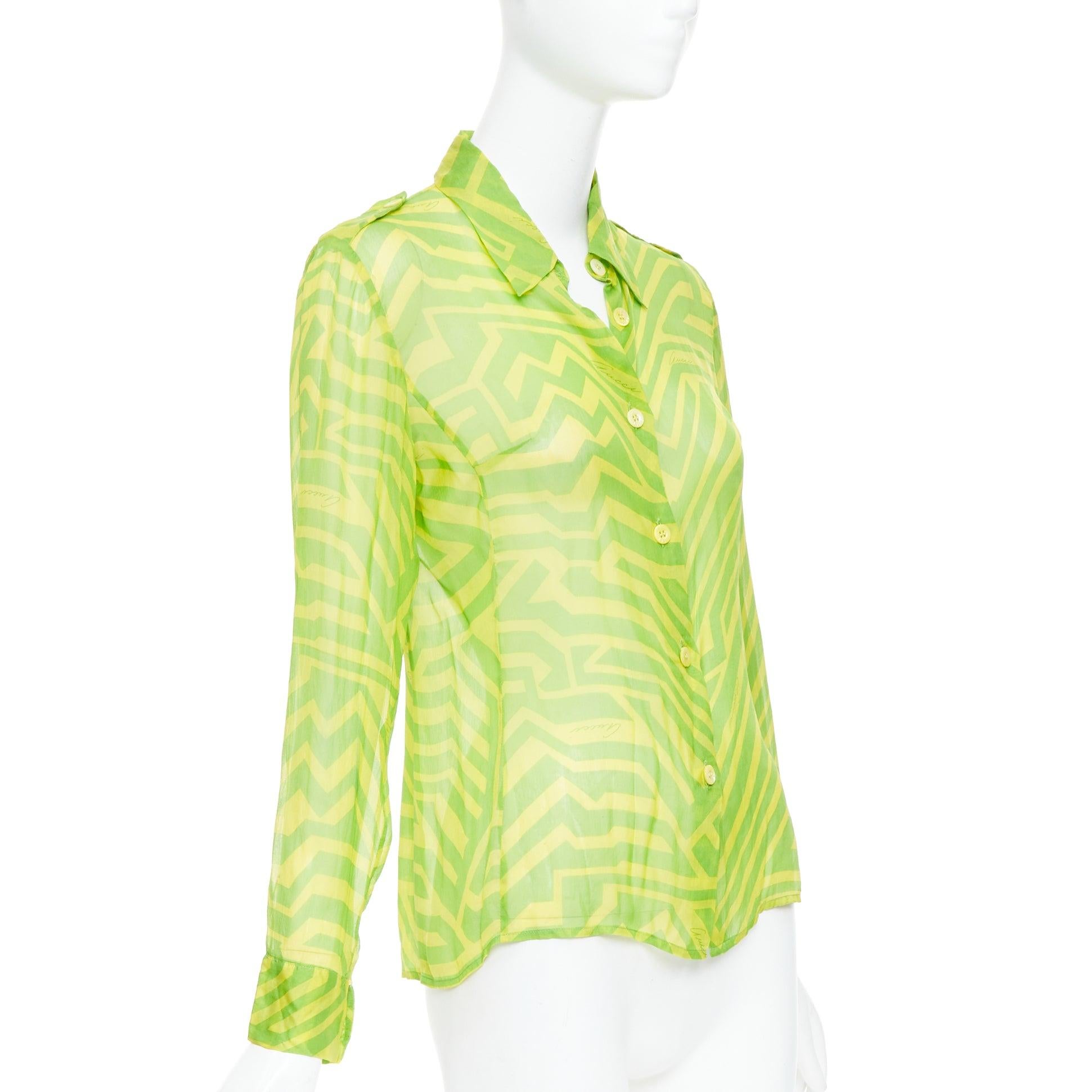 Green GUCCI 1996 Tom Ford Vintage green yellow geometric silky sheer shirt IT42 M