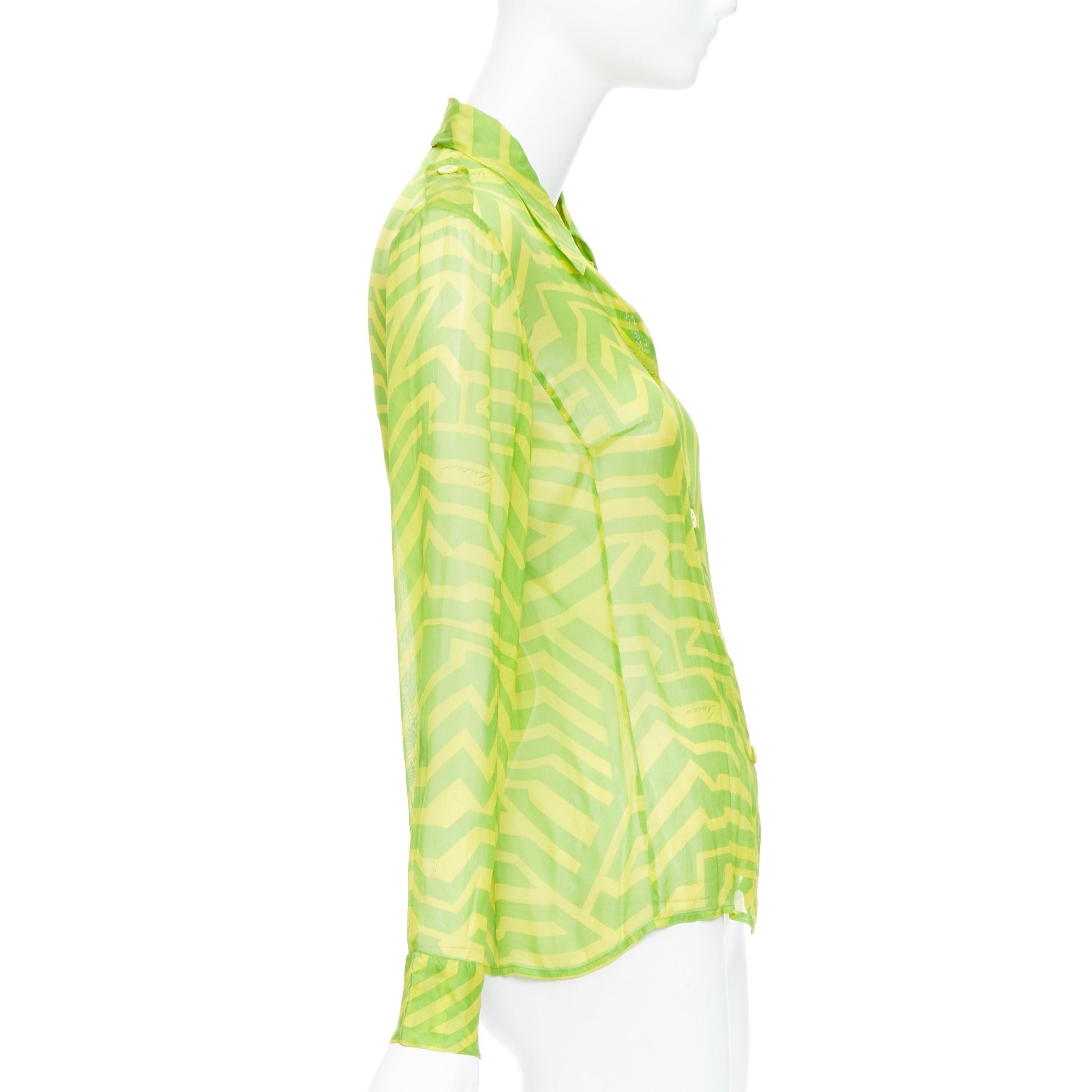 GUCCI 1996 Tom Ford Vintage green yellow geometric silky sheer shirt IT42 M In Good Condition In Hong Kong, NT