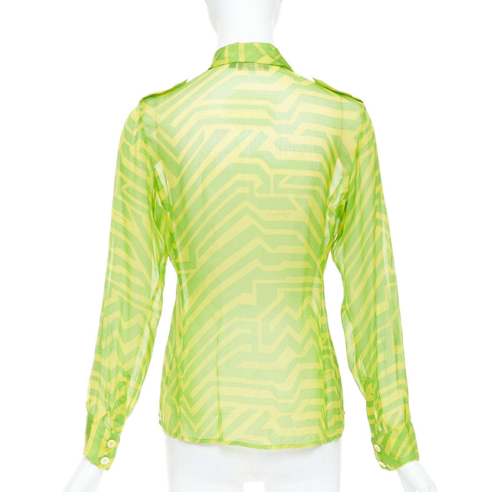 Women's GUCCI 1996 Tom Ford Vintage green yellow geometric silky sheer shirt IT42 M