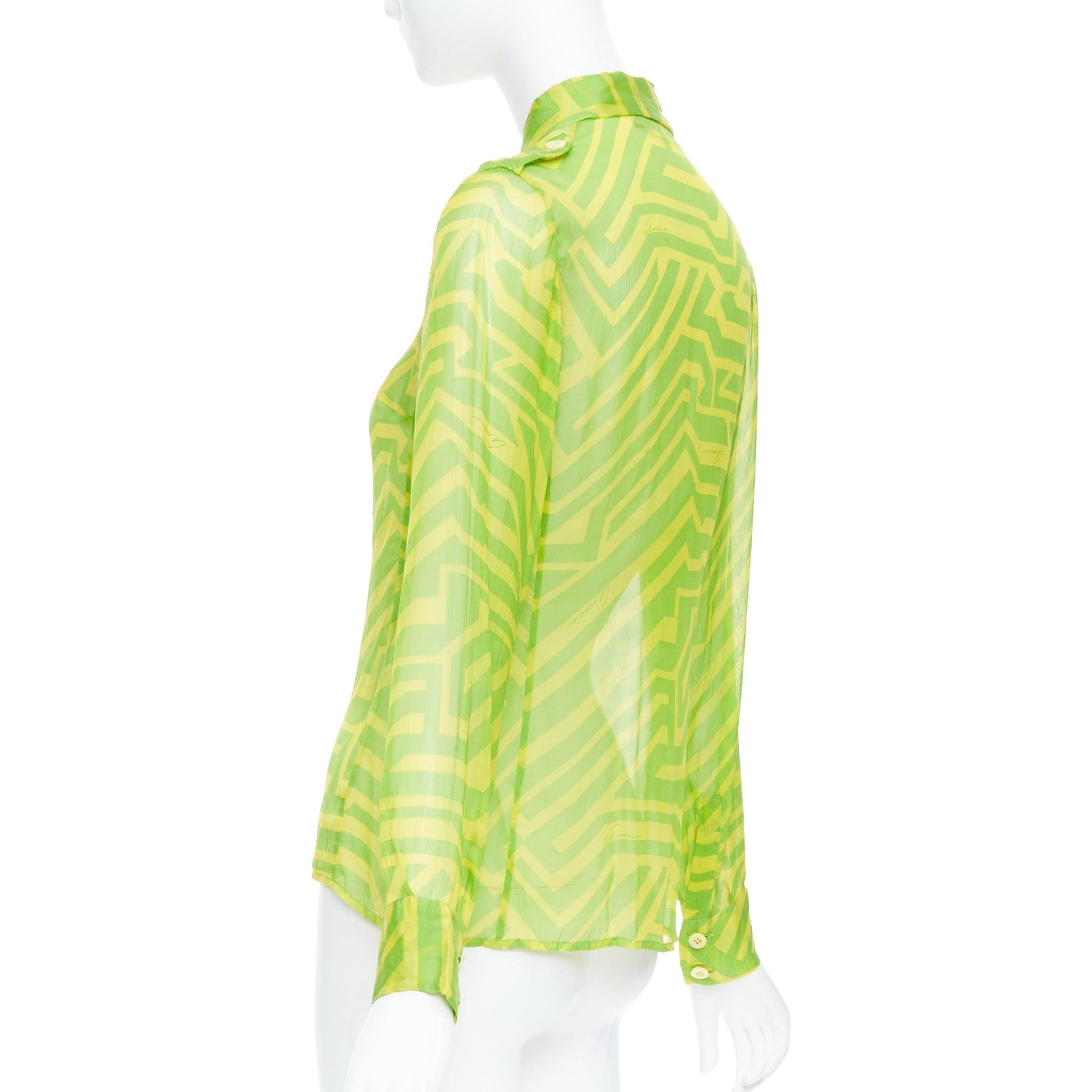 GUCCI 1996 Tom Ford Vintage green yellow geometric silky sheer shirt IT42 M 1