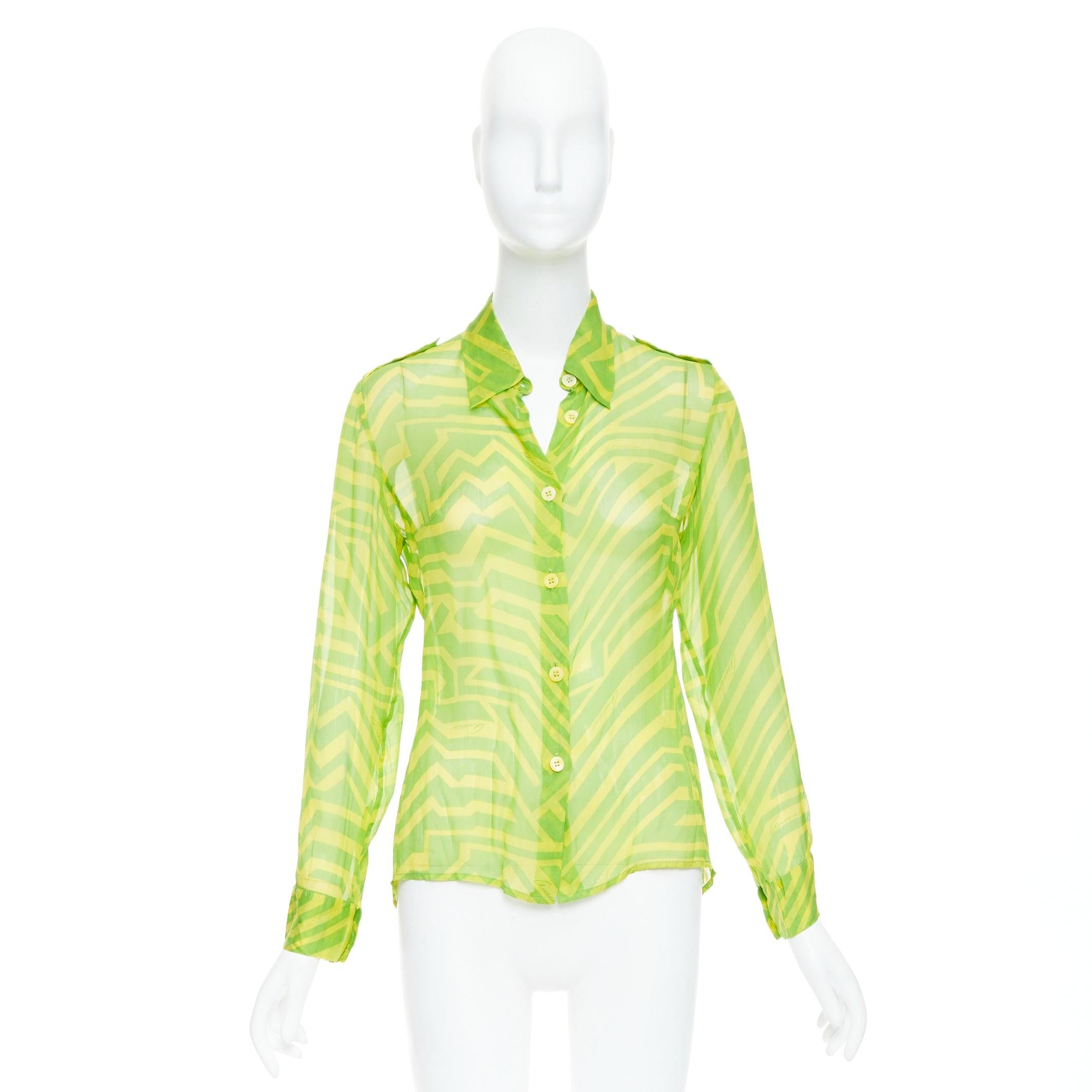 GUCCI 1996 Tom Ford Vintage green yellow geometric silky sheer shirt IT42 M 4
