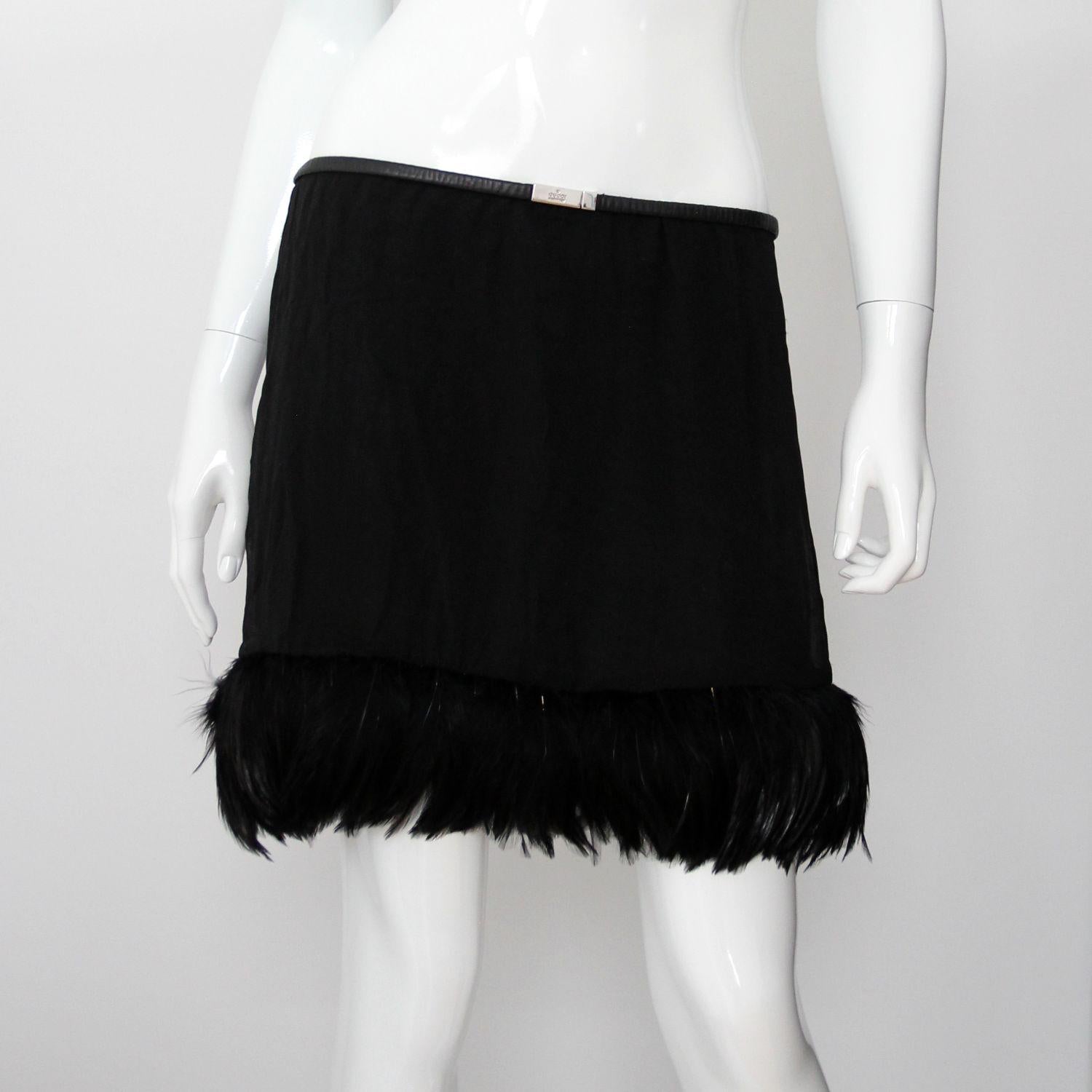 GUCCI 1999 Black Silk Chiffon Skirt With Feather Trim by Tom Ford 3