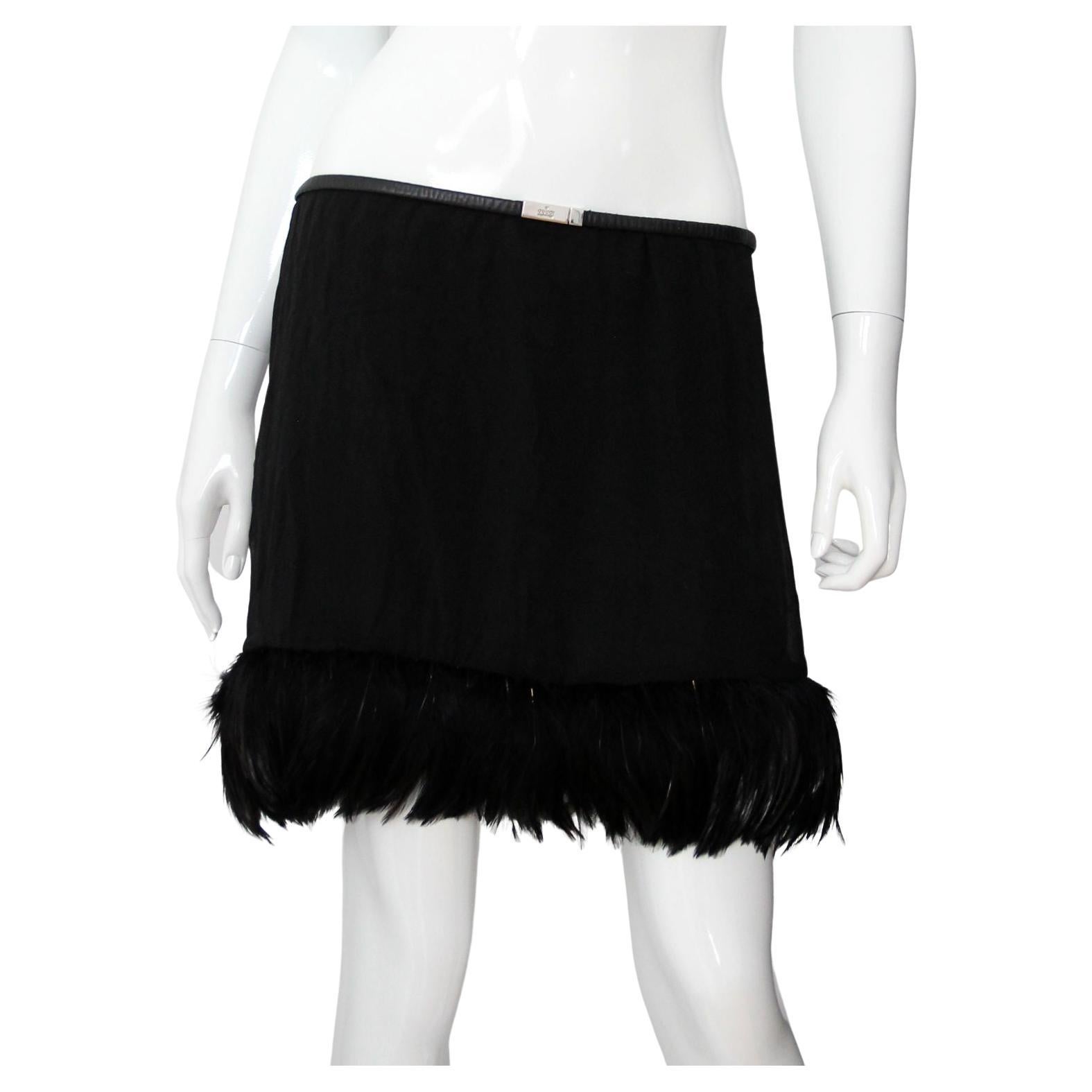 GUCCI 1999 Black Silk Chiffon Skirt With Feather Trim by Tom Ford