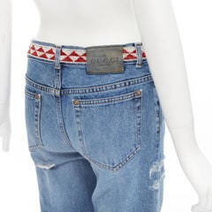 GUCCI 1999 Vintage aztec bead embroidery waist distressed denim jeans IT38 XS