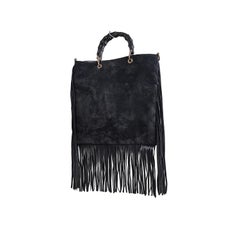 Gucci 2-way Bamboo Handle Black Suede Fringe Tote Bag