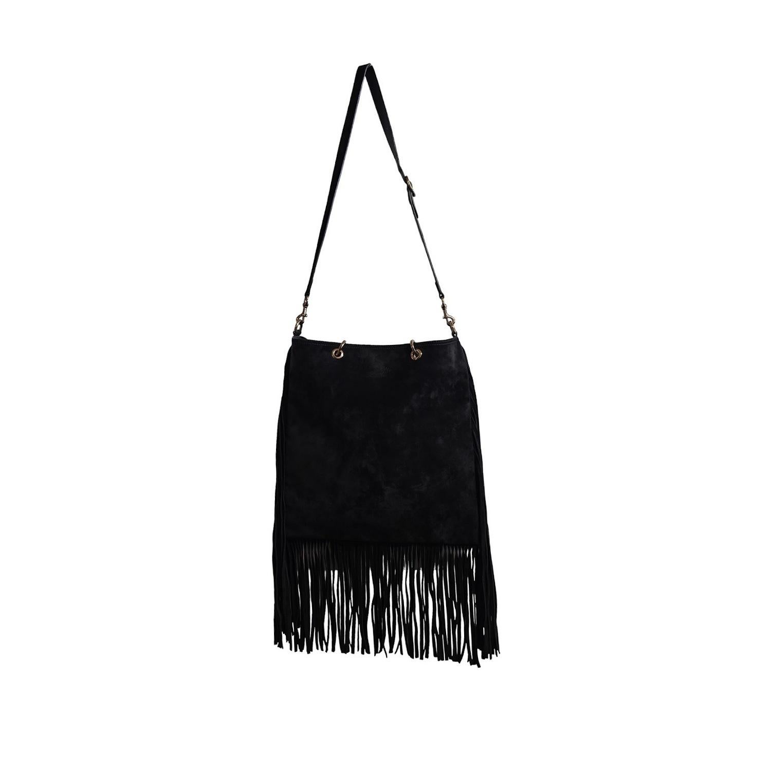 Gucci 2-way Bamboo Handle Black Suede Fringe Tote Bag In Good Condition In Scottsdale, AZ