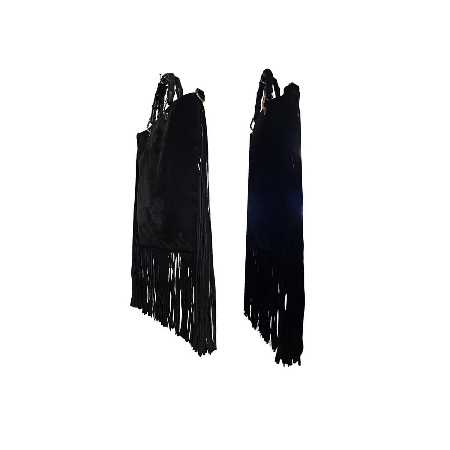 Women's Gucci 2-way Bamboo Handle Black Suede Fringe Tote Bag