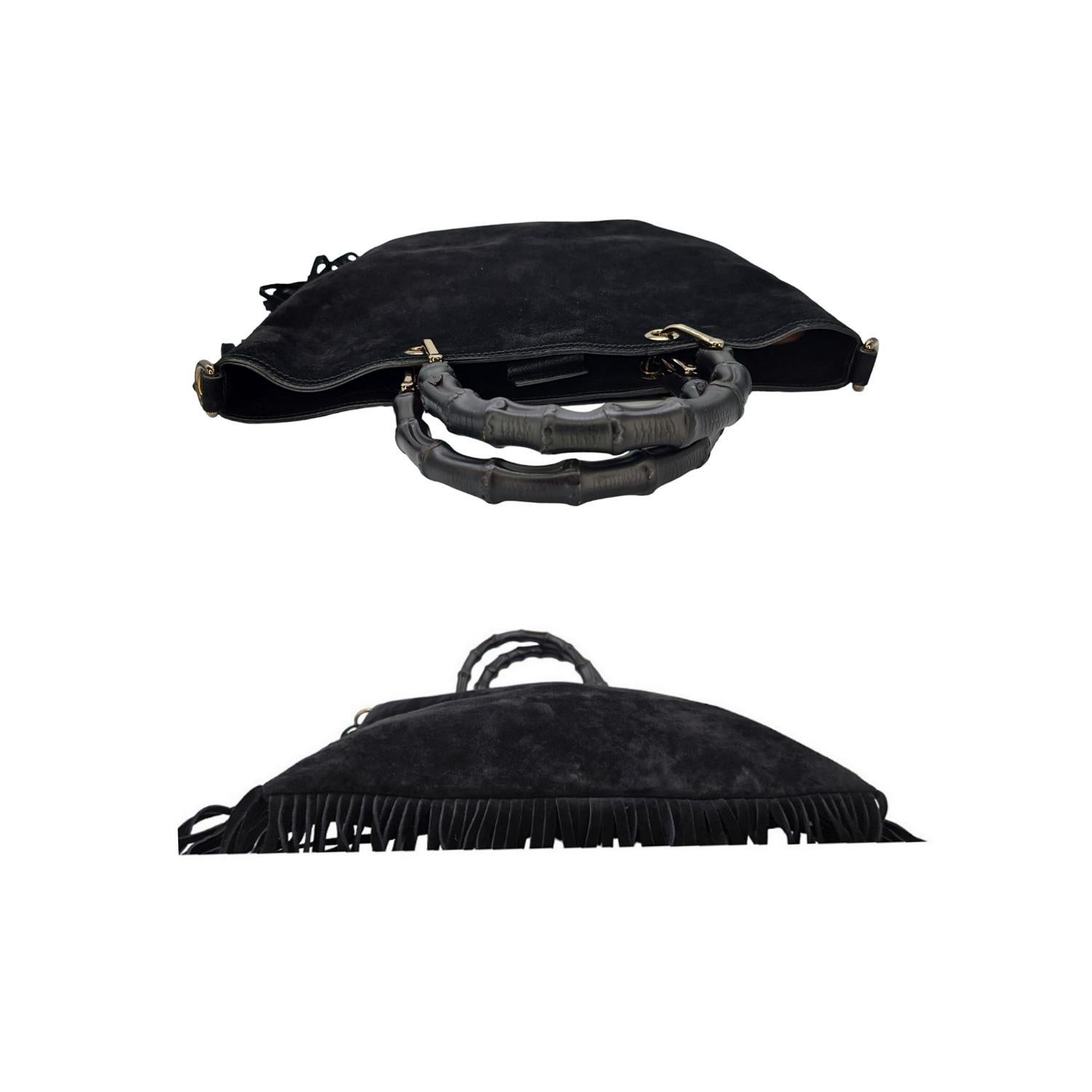 Gucci 2-way Bamboo Handle Black Suede Fringe Tote Bag 1