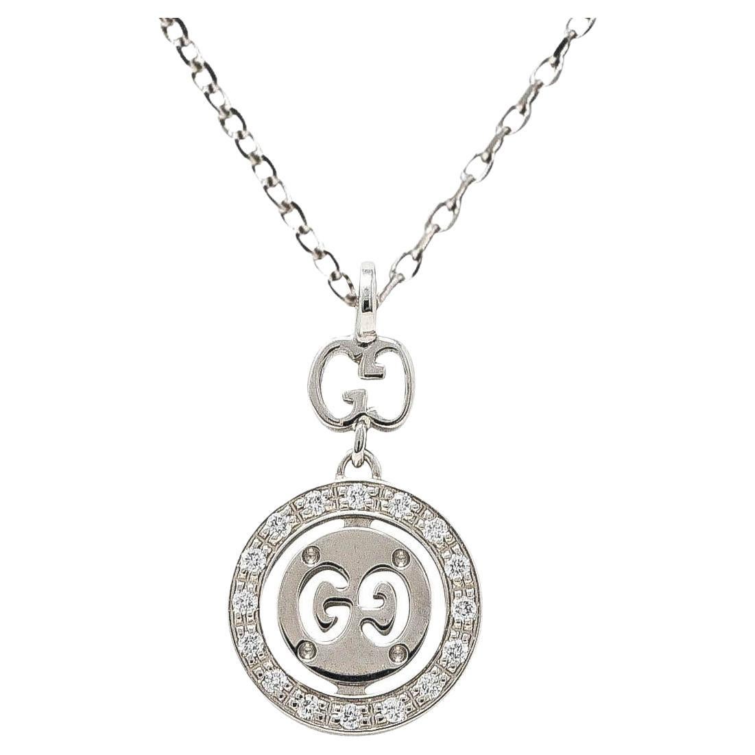 Gucci 2000 Diamond 18 Karat White Gold Double GG Twirl Brit Pendant Necklace