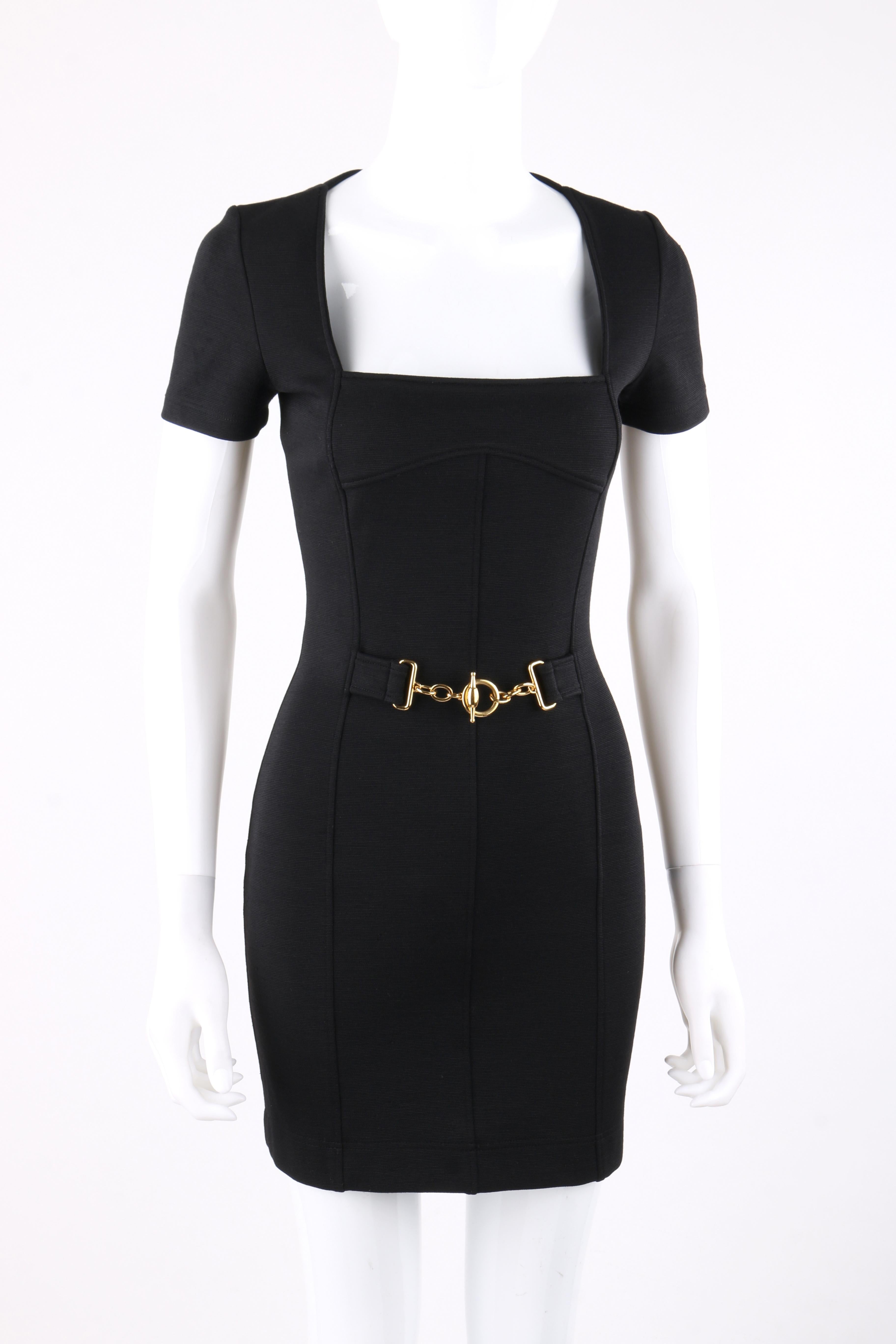 GUCCI 2000's Tom Ford Black Square Neck Gold Waist Belt Mini Cocktail Dress
 
Circa: 2000's
Brand / Manufacturer: Gucci
Designer: Tom Ford
Style: Sheath dress
Color(s): Black; gold (belt detail)
Lined: No
Unmarked Fabric Content: Wool blend knit