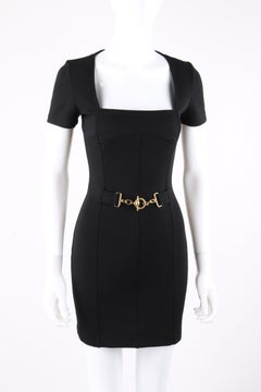 GUCCI 2000's Tom Ford Black Square Neck Gold Waist Belt Mini Cocktail Dress