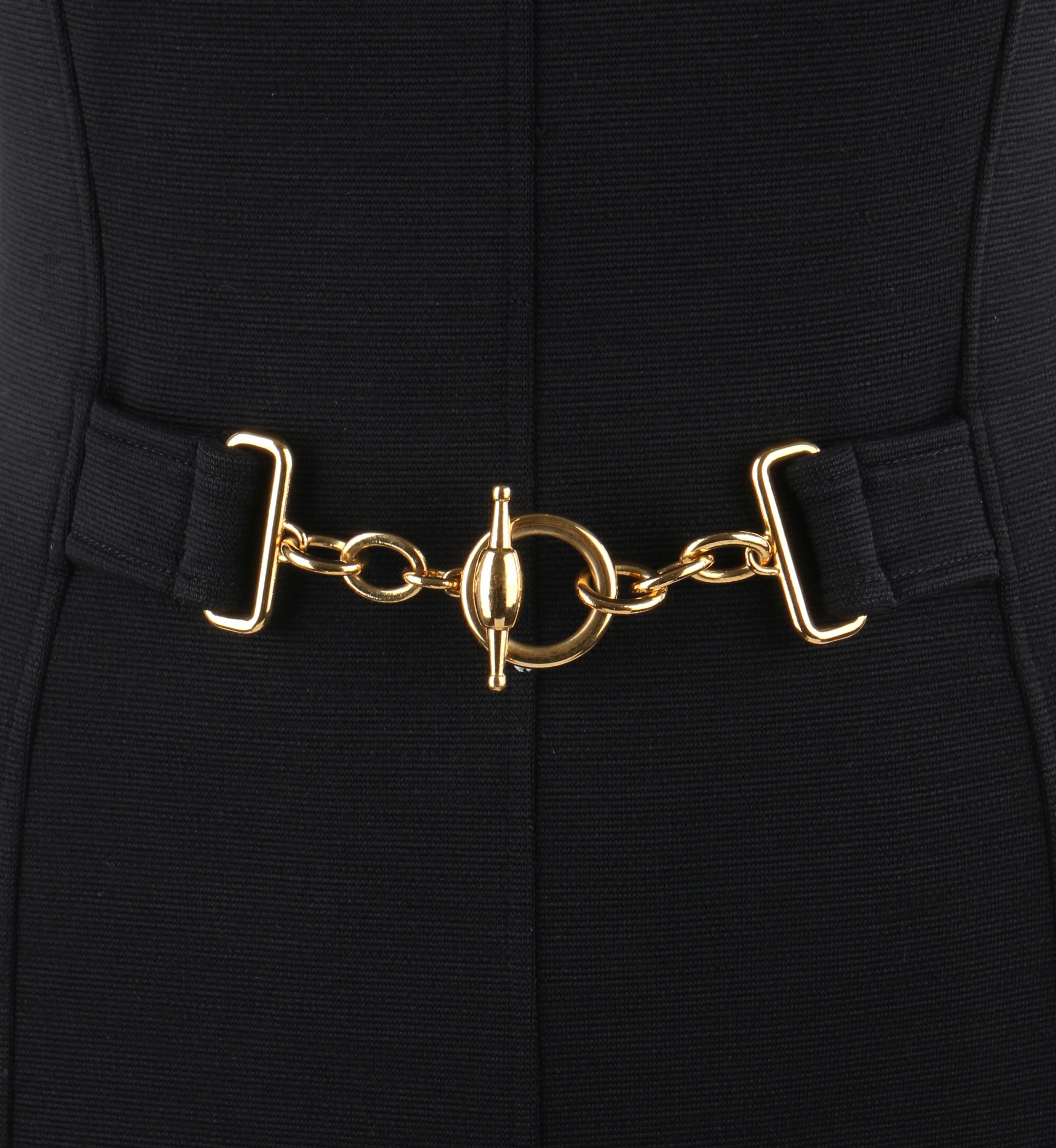 GUCCI 2000's Tom Ford Black Square Neck Gold Waist Belt Mini Cocktail Dress In Good Condition In Thiensville, WI