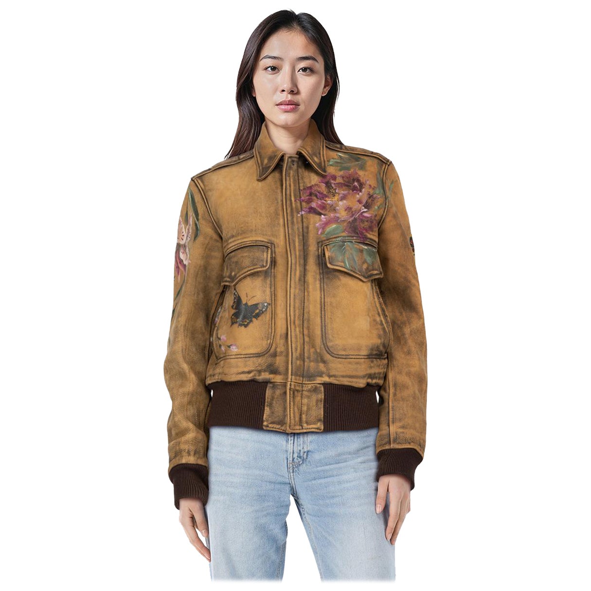 Gucci 2003 Runway Leather Floral Bomber Jacket Size L For Sale