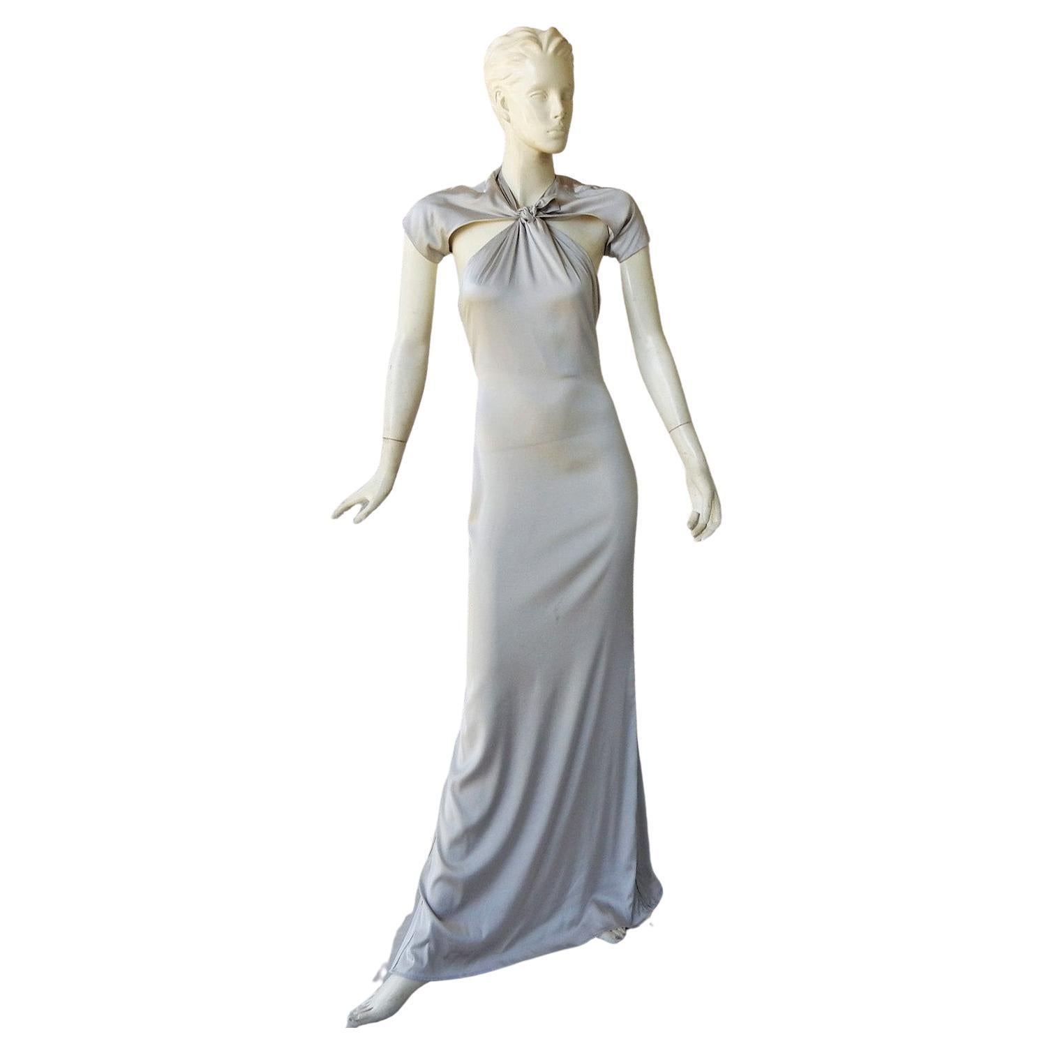 Gucci 2004 by Tom Ford Slipper Satin Silver Harlowesque Bias Cut Out Dress Gown  For Sale